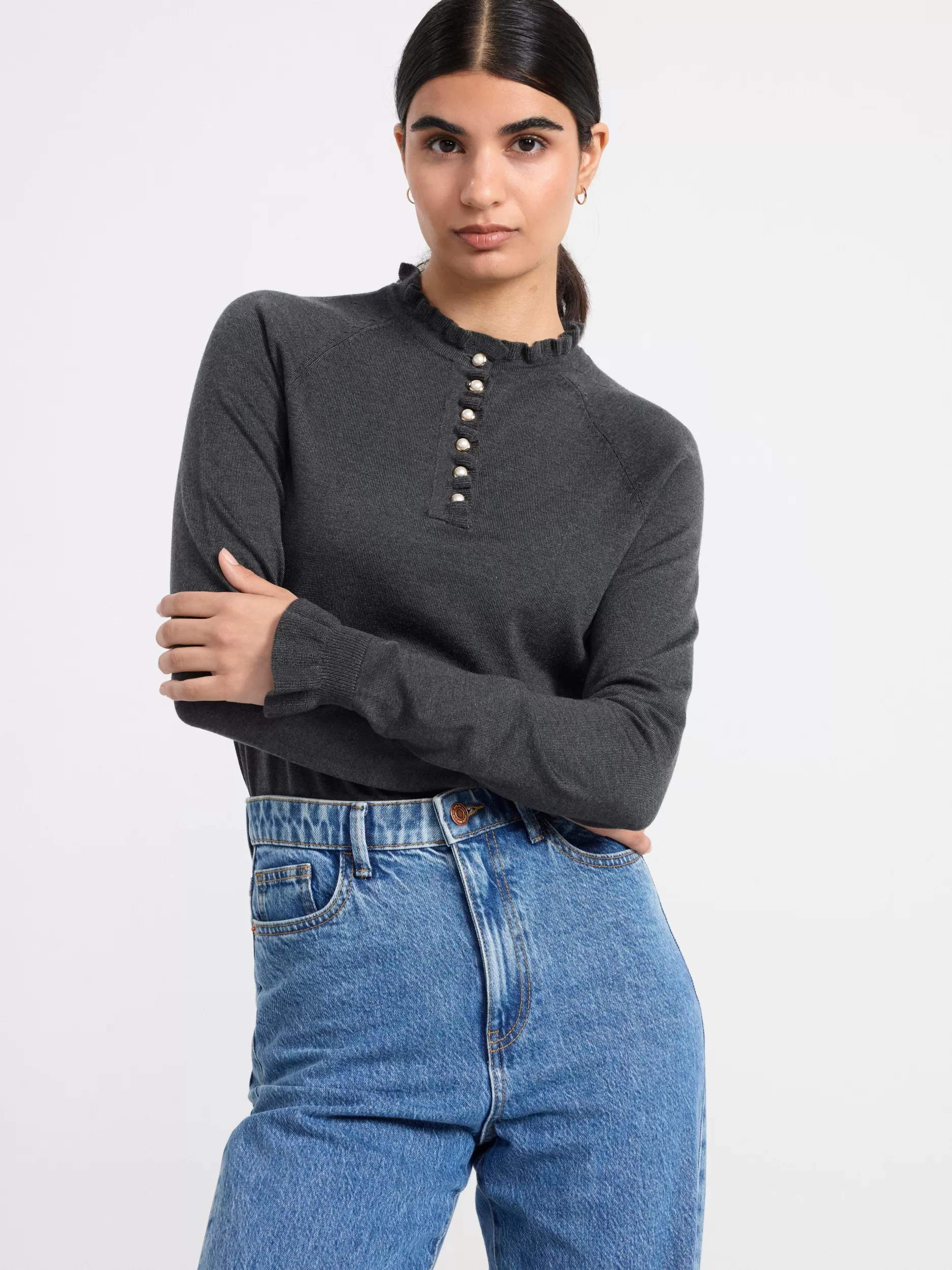 Lindex Gensere & Cardiganer<Finstrikket Genser Med Krage Med Rysjer Dark Grey Melange