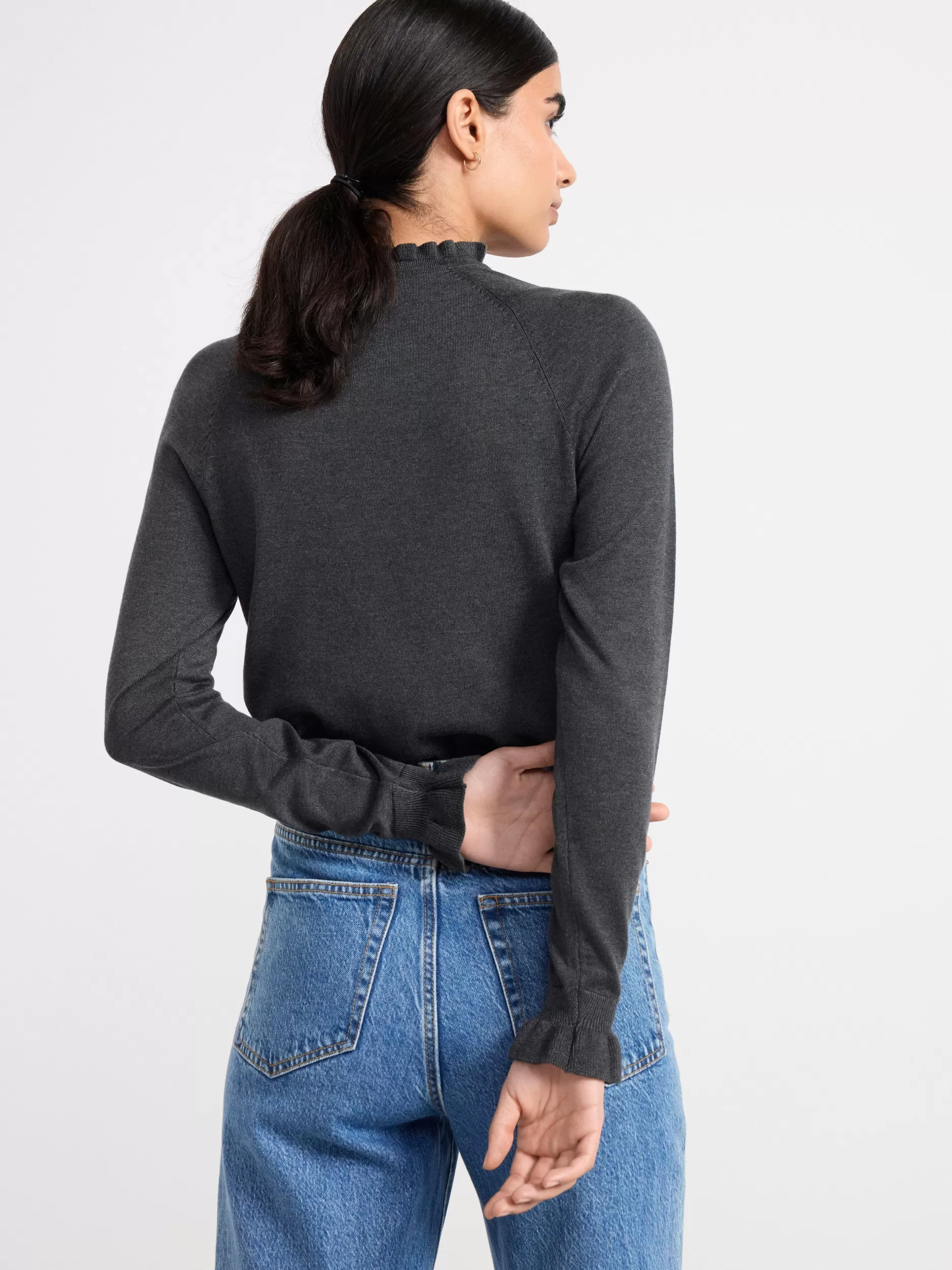 Lindex Gensere & Cardiganer<Finstrikket Genser Med Krage Med Rysjer Dark Grey Melange