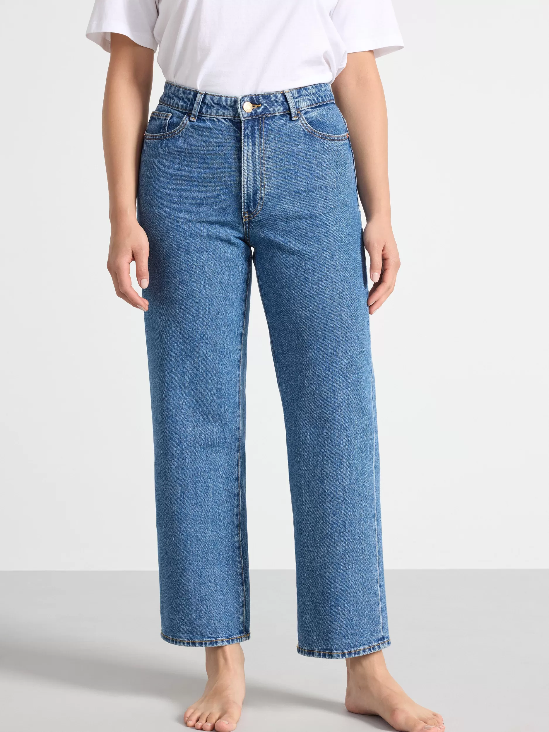 Lindex Jeans<Hanna Wide-Jeans Med Hoyt Liv Og Avkortede Ben Denim Blue