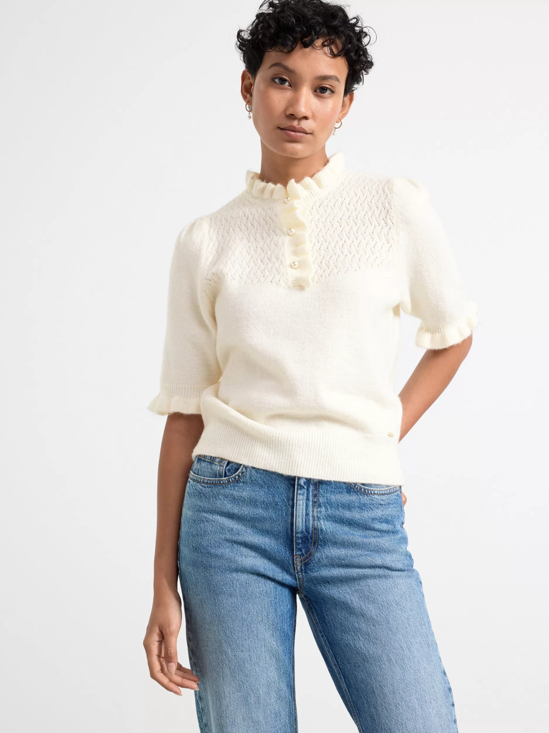Lindex Gensere & Cardiganer<Kortermet Genser Med Rysjer Light Dusty White