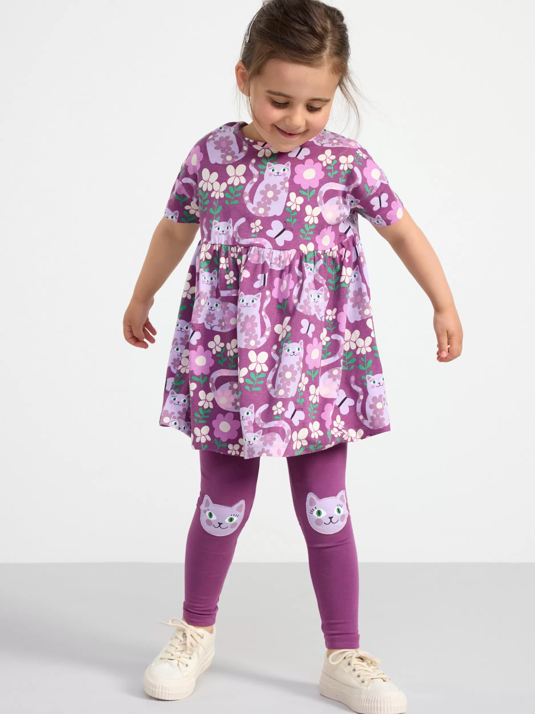 Lindex Kjoler<Kortermet Kjole Med Katter Og Blomster Lilac