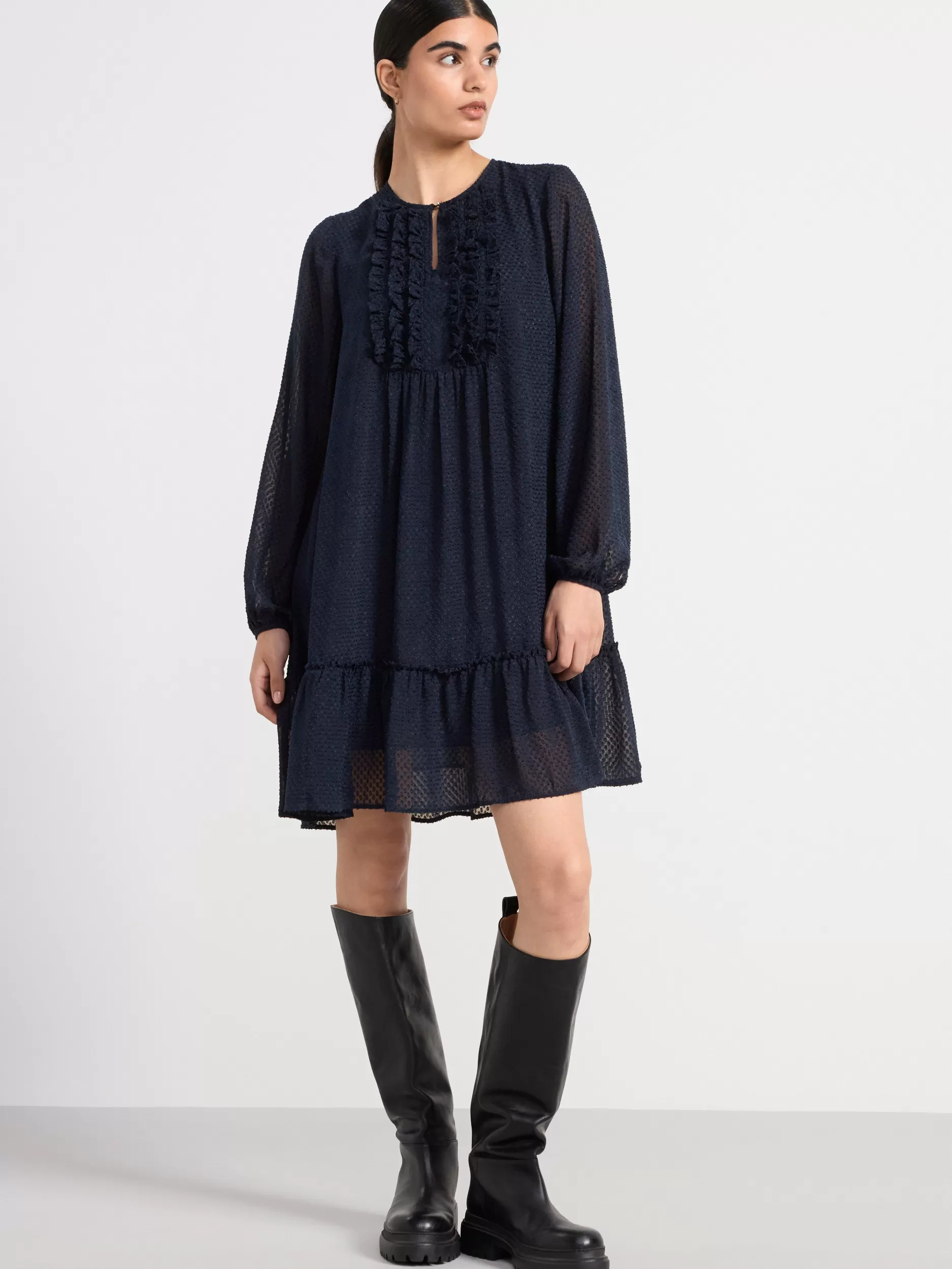 Lindex Kjoler<Langermet Minikjole Med Volang Navy