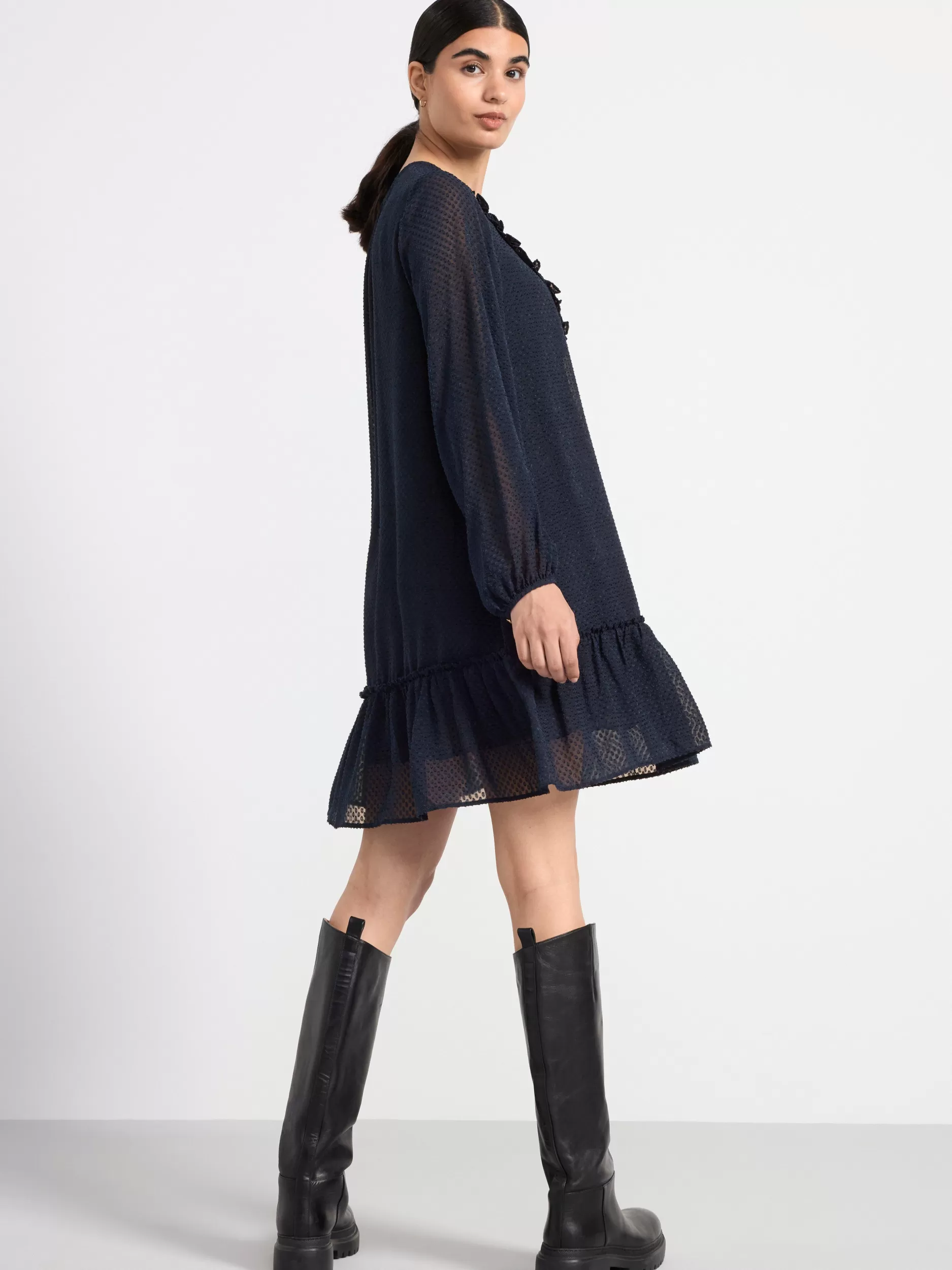 Lindex Kjoler<Langermet Minikjole Med Volang Navy