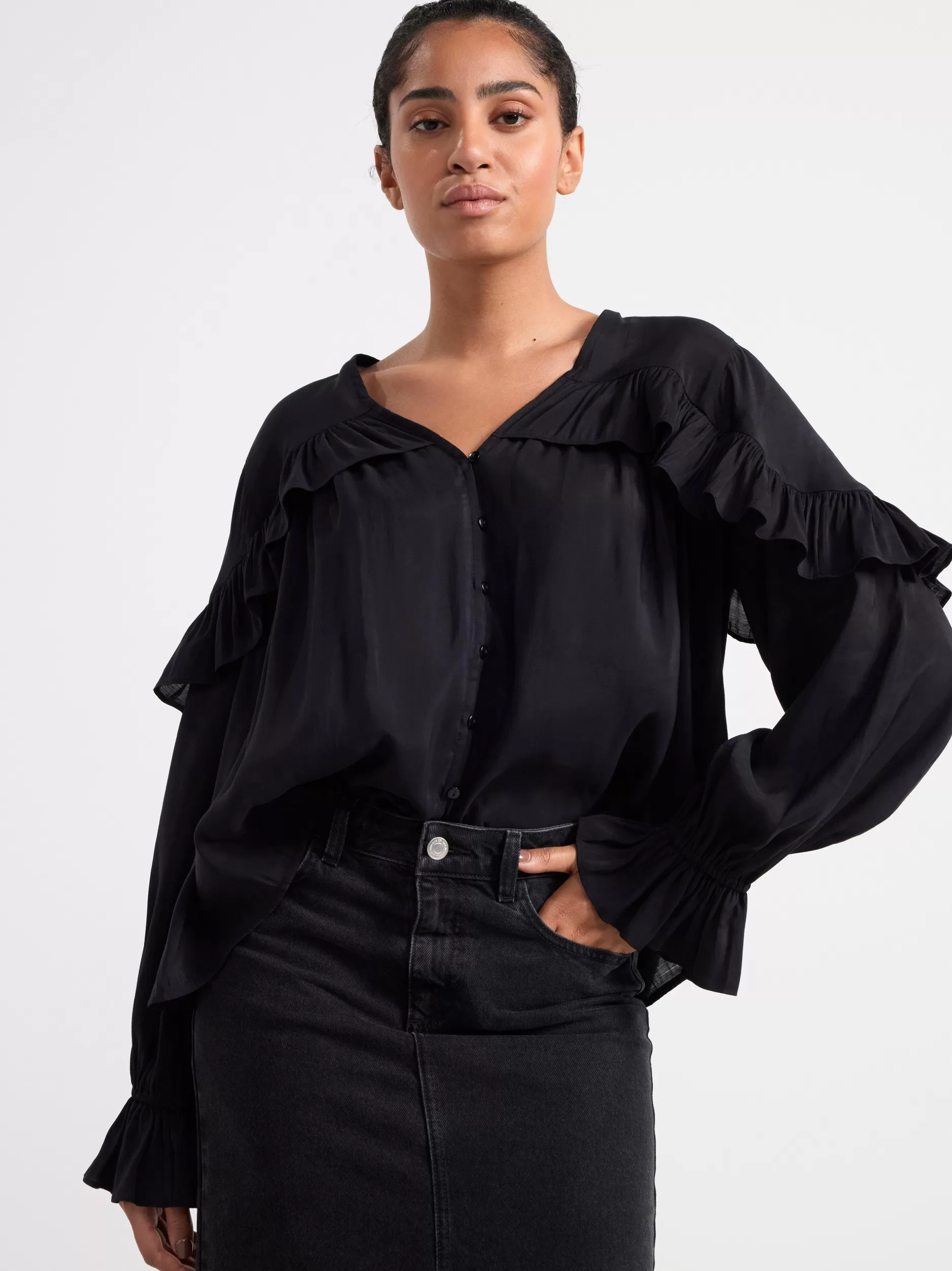 Lindex Bluser & Skjorter<Langermet Rysjebluse Black