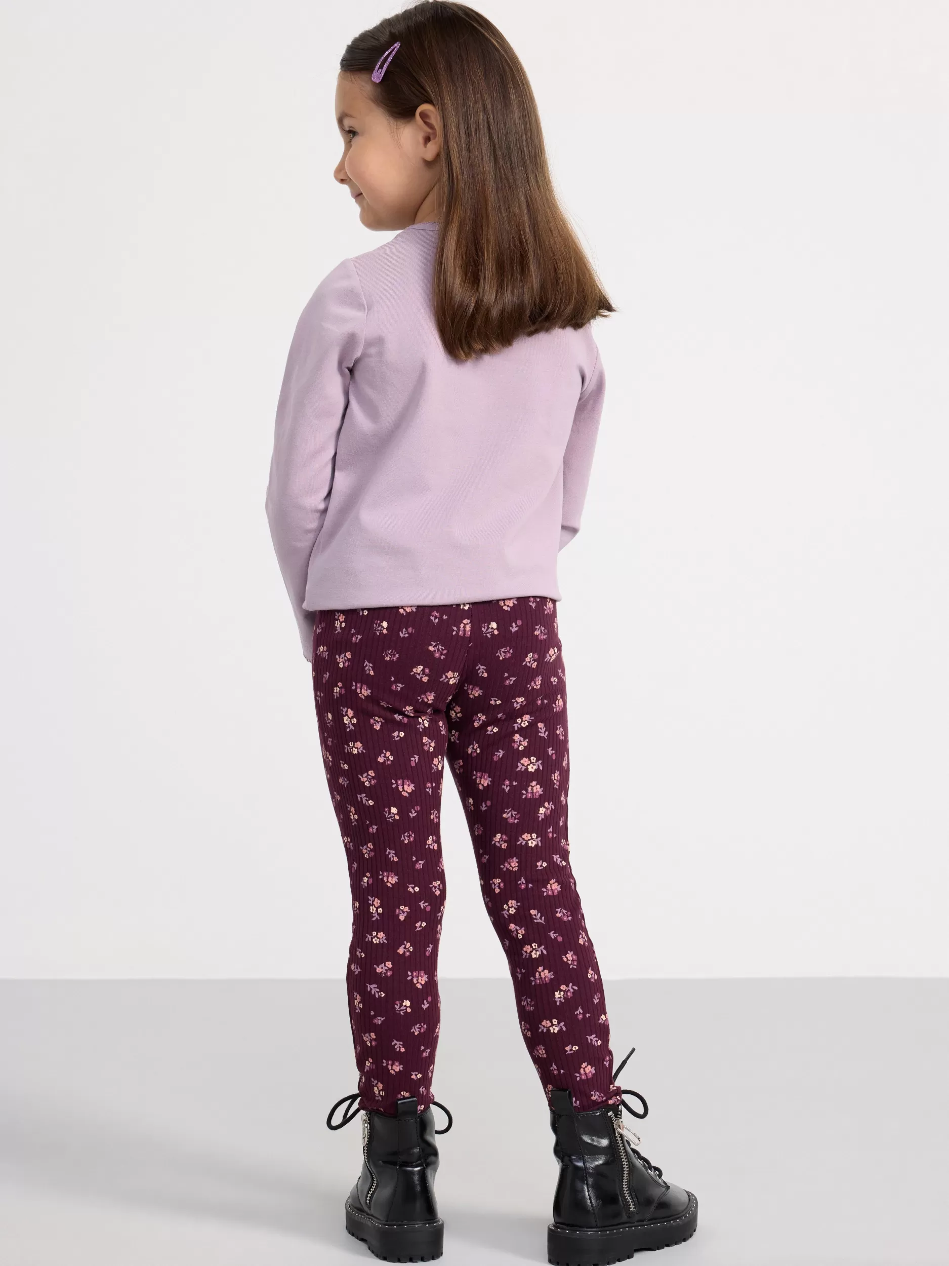 Lindex Bukser & Leggings<Leggings Ribbet Med Blomster Dark Lilac