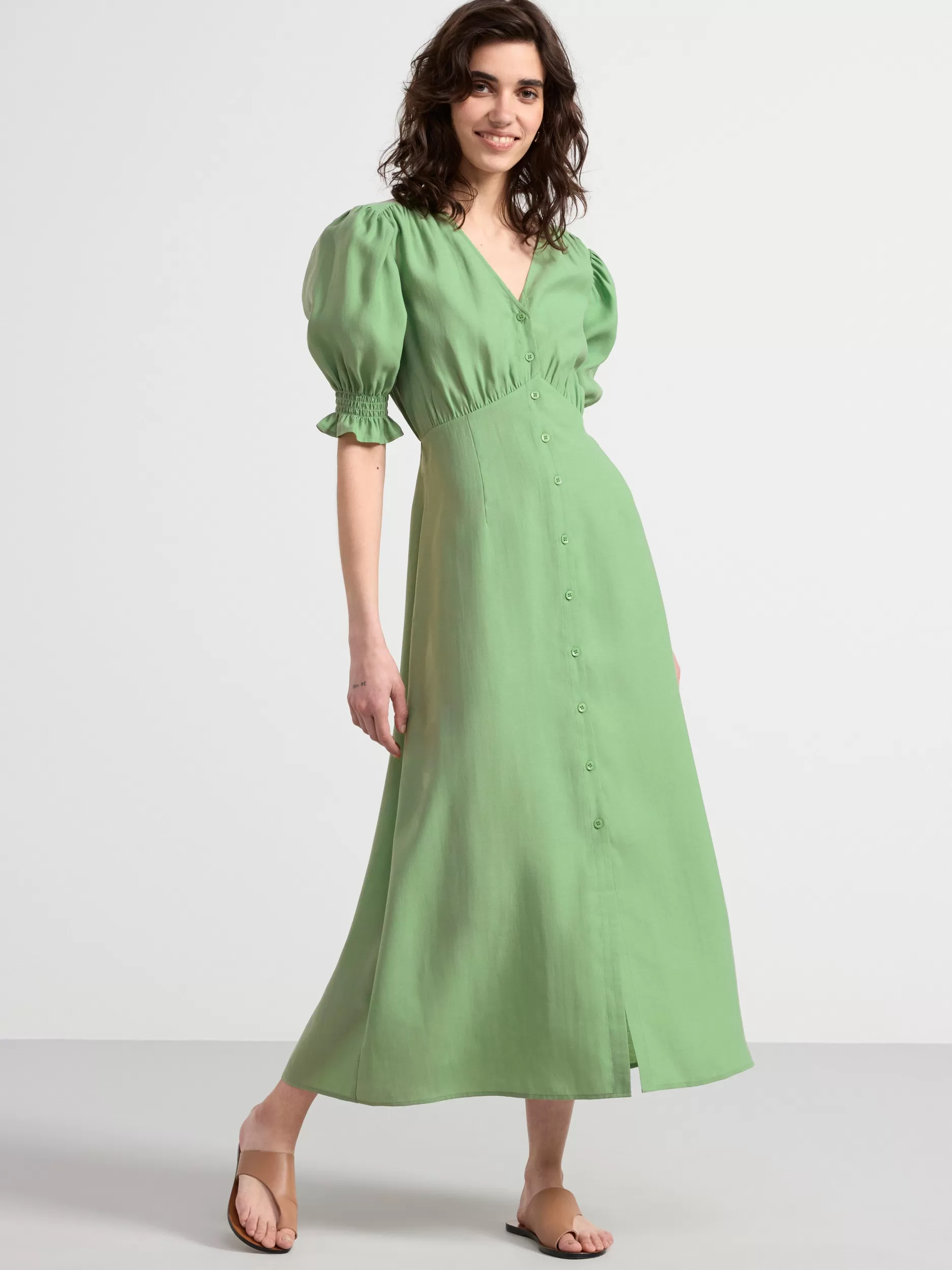 Lindex Kjoler<Midikjole Med Puffermer Dusty Green