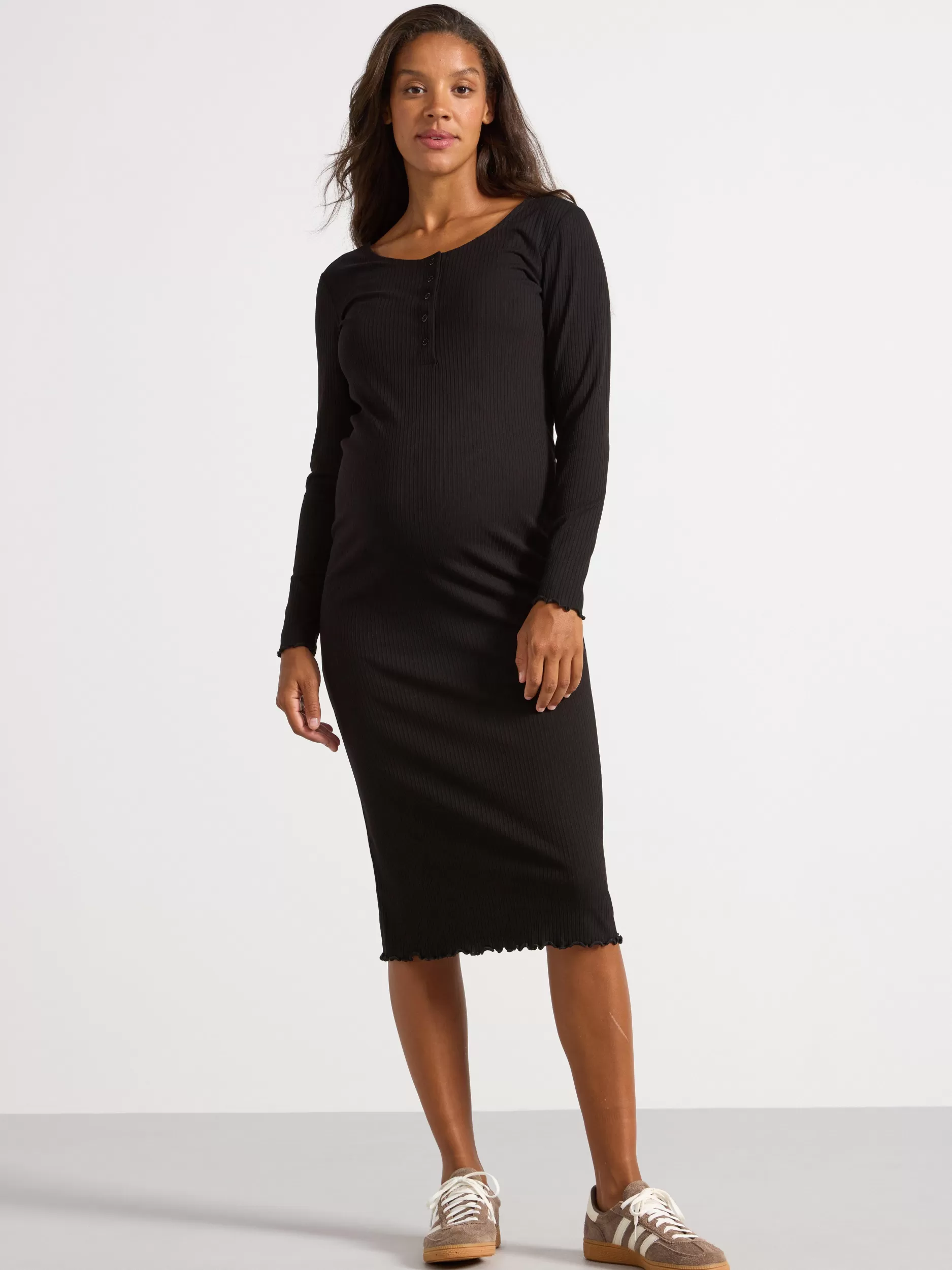 Lindex Kjoler<Mom Ribbestrikket, Langermet Jerseykjole Black