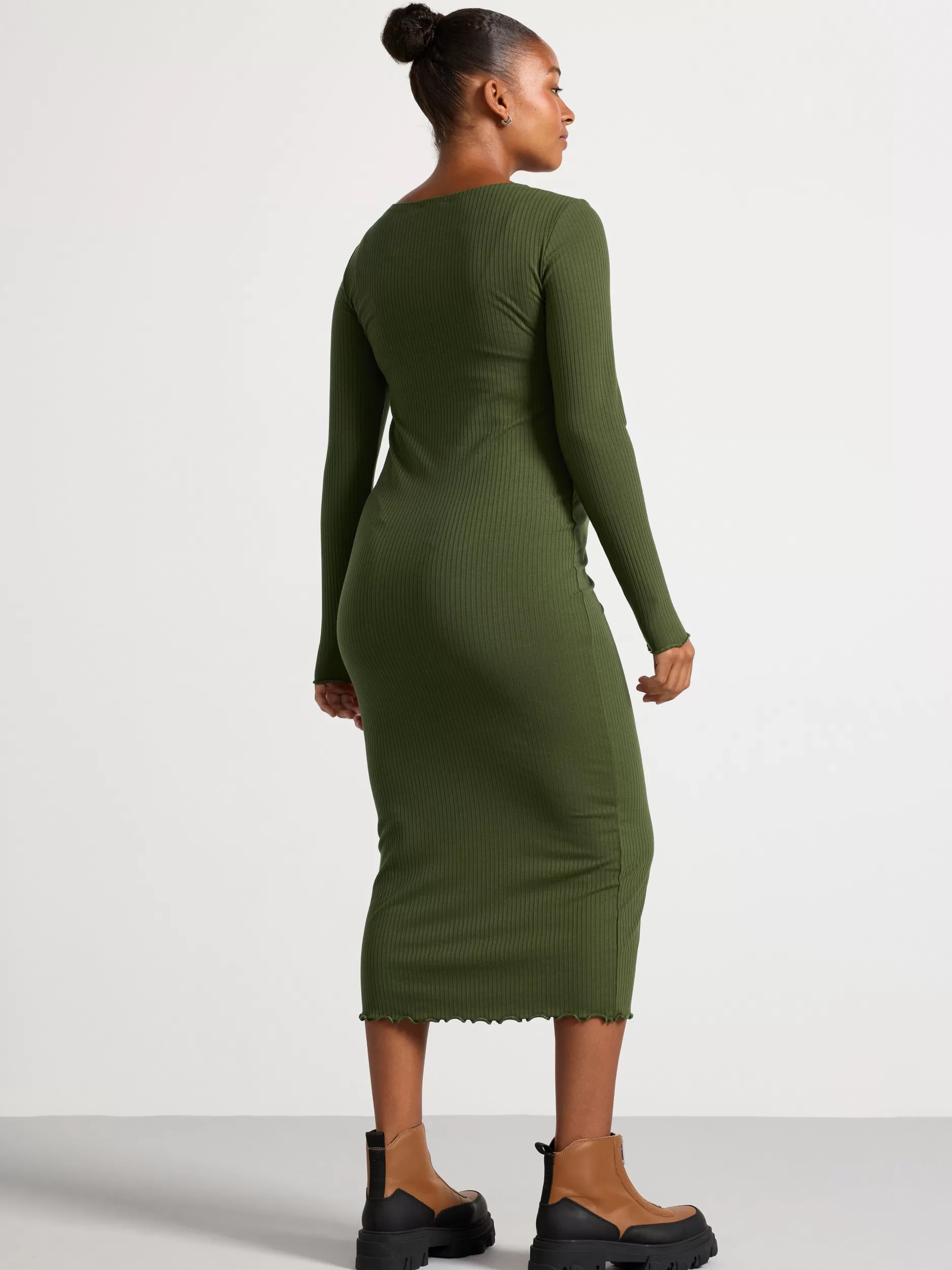 Lindex Kjoler<Mom Ribbestrikket, Langermet Jerseykjole Khaki