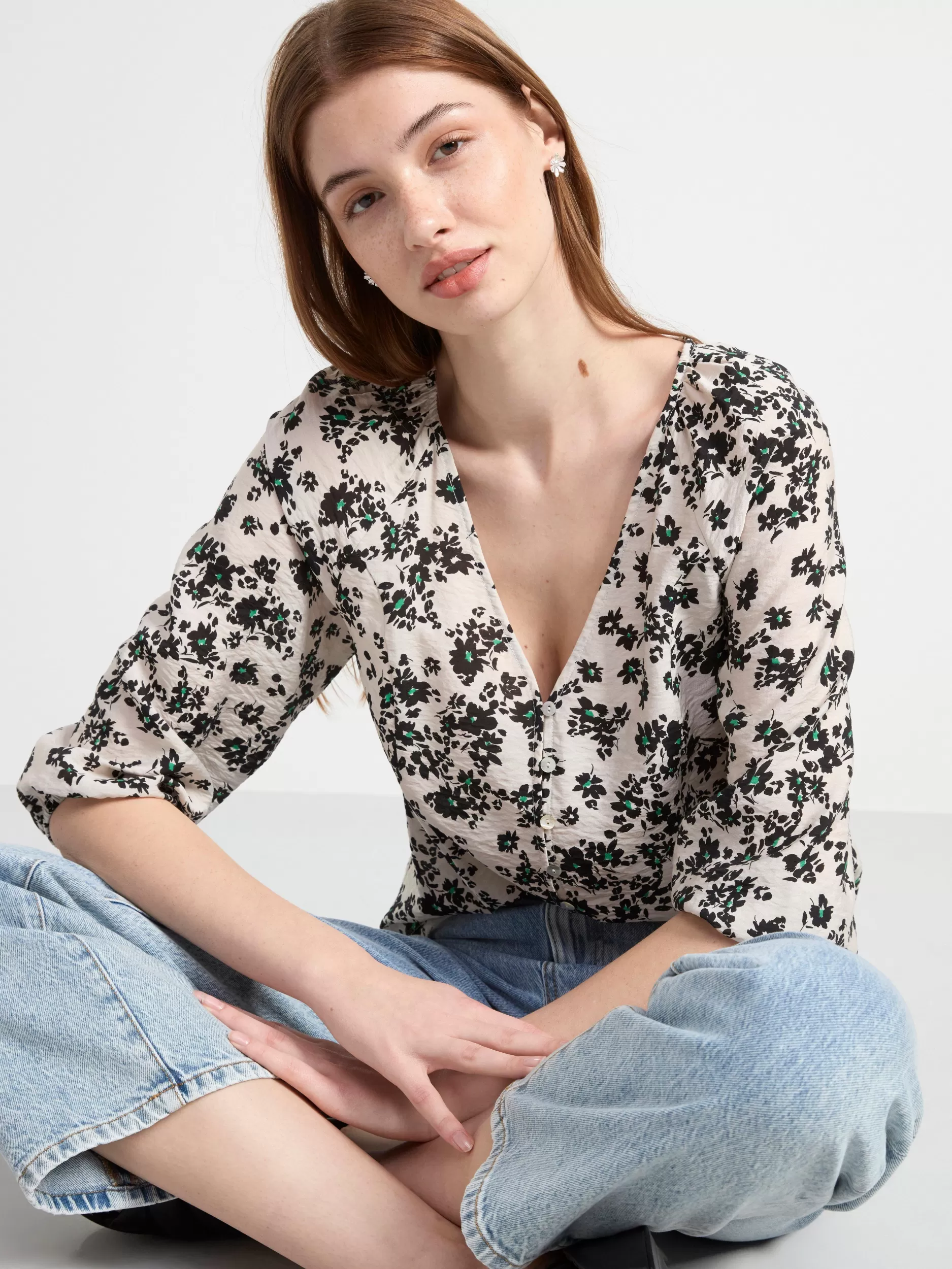 Lindex Bluser & Skjorter<Monstret Bluse Med Vide Ermer Light Beige