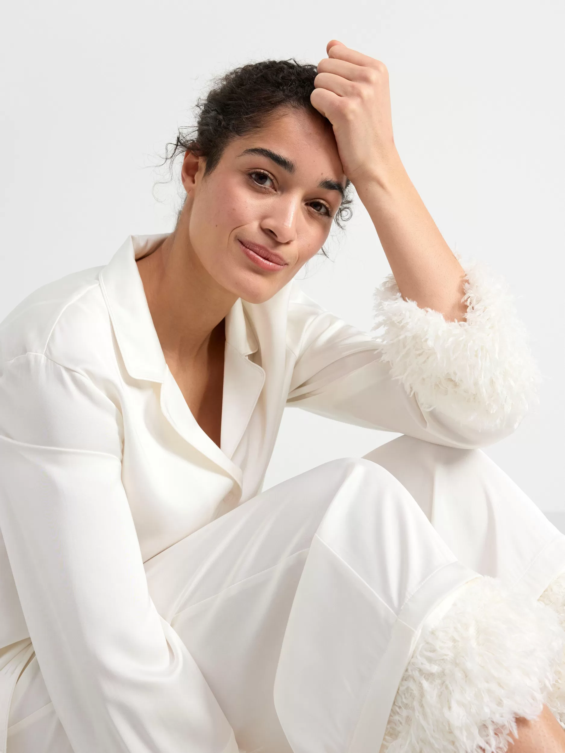 Lindex Nattøy<Pyjamassett I Sateng Med Fuskefjaer Light White
