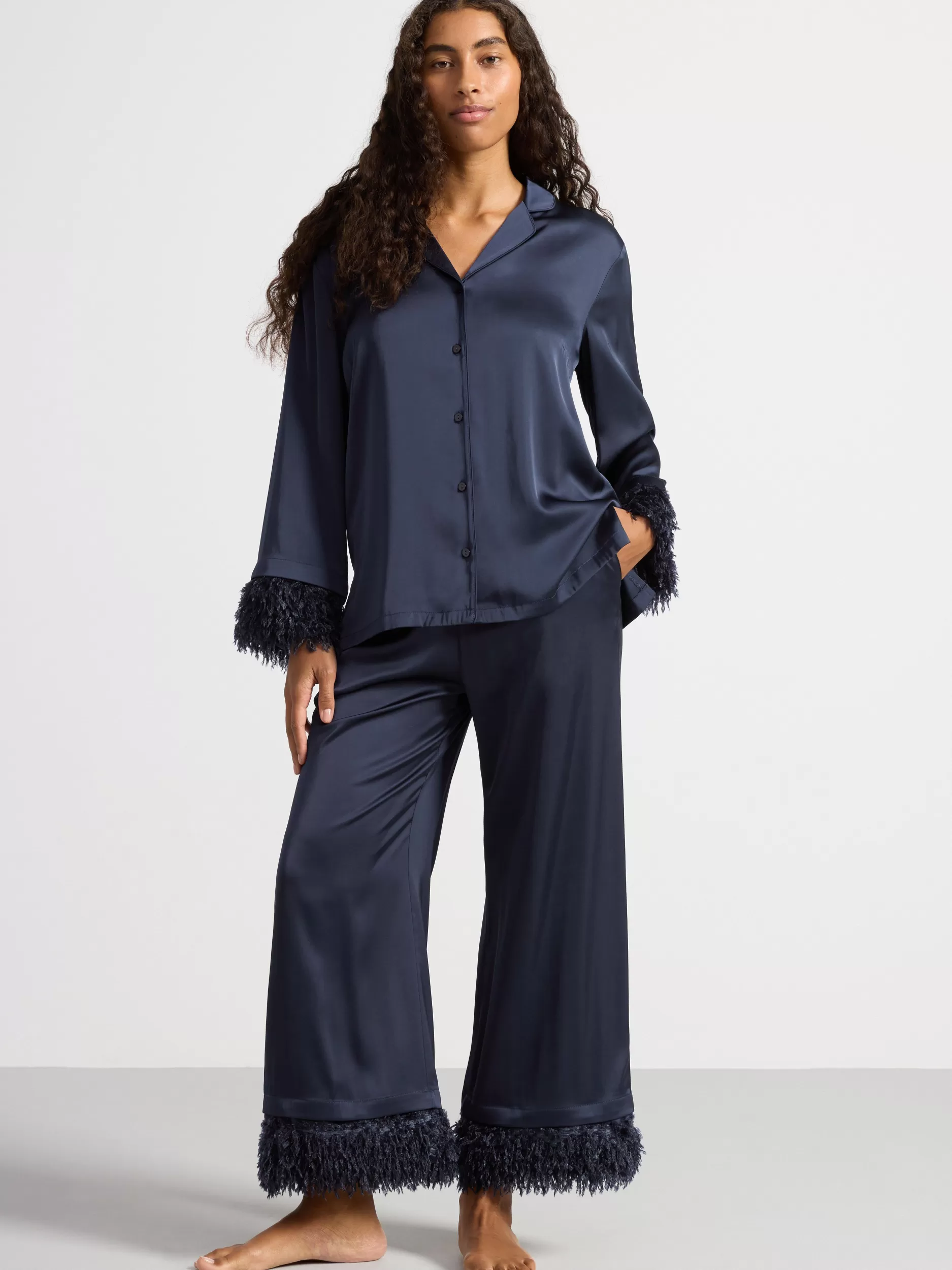 Lindex Nattøy<Pyjamassett I Sateng Med Fuskefjaer Navy