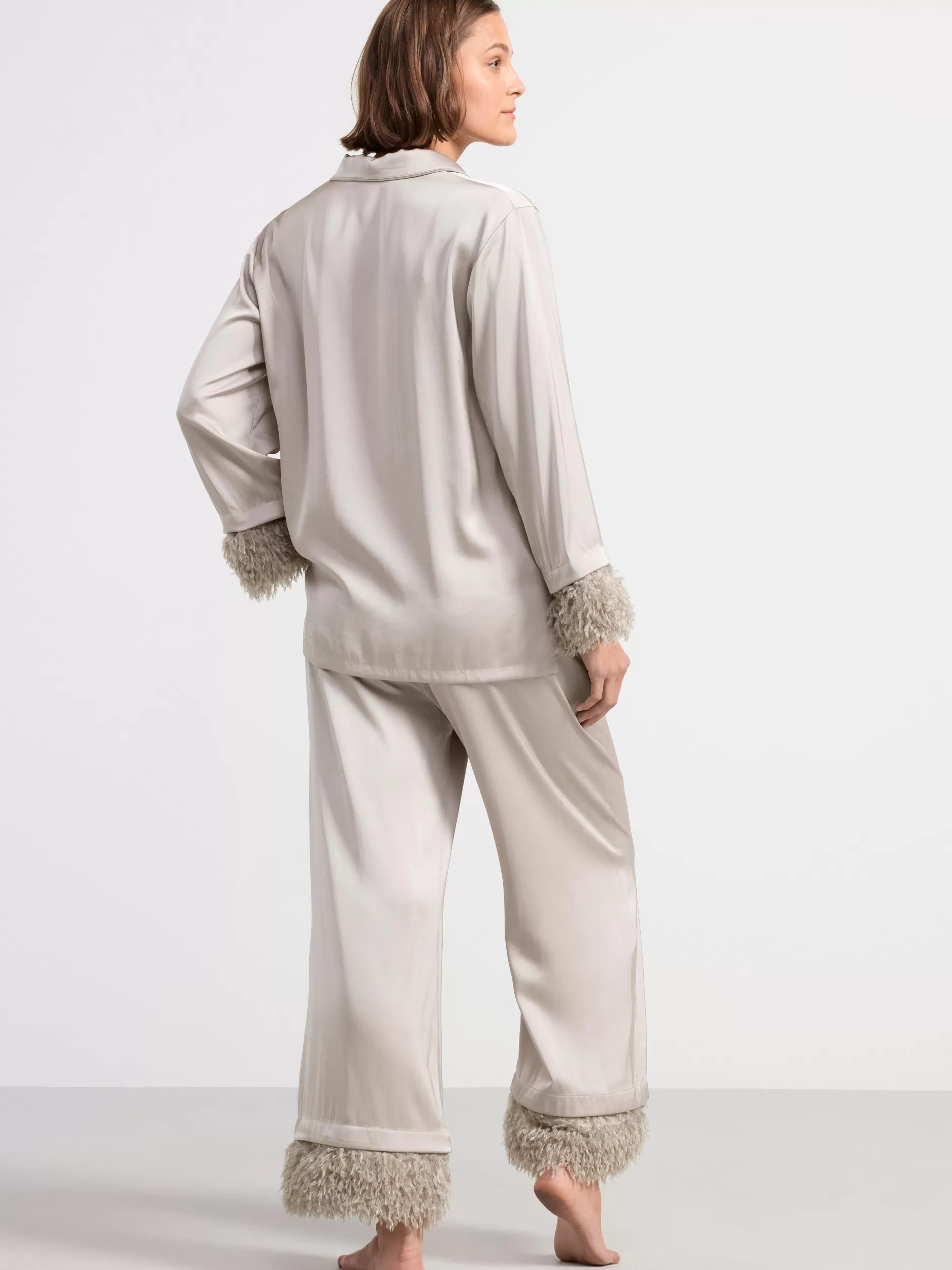 Lindex Nattøy<Pyjamassett I Sateng Med Fuskefjaer Light Dusty Grey