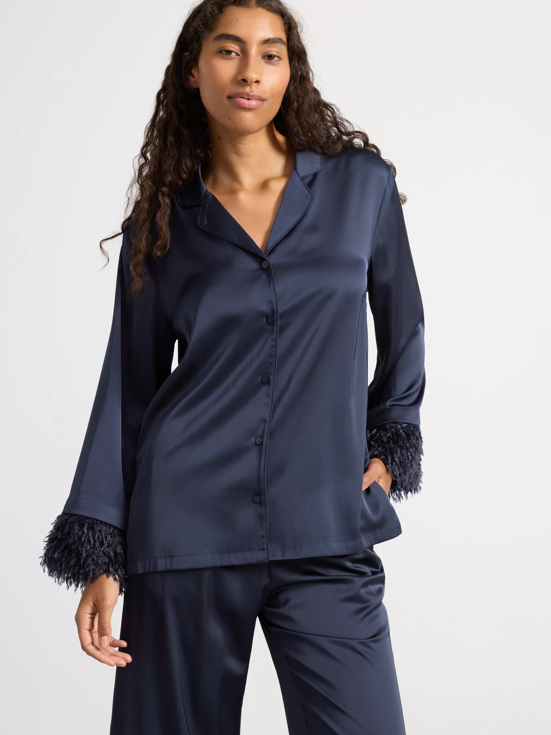 Lindex Nattøy<Pyjamassett I Sateng Med Fuskefjaer Navy