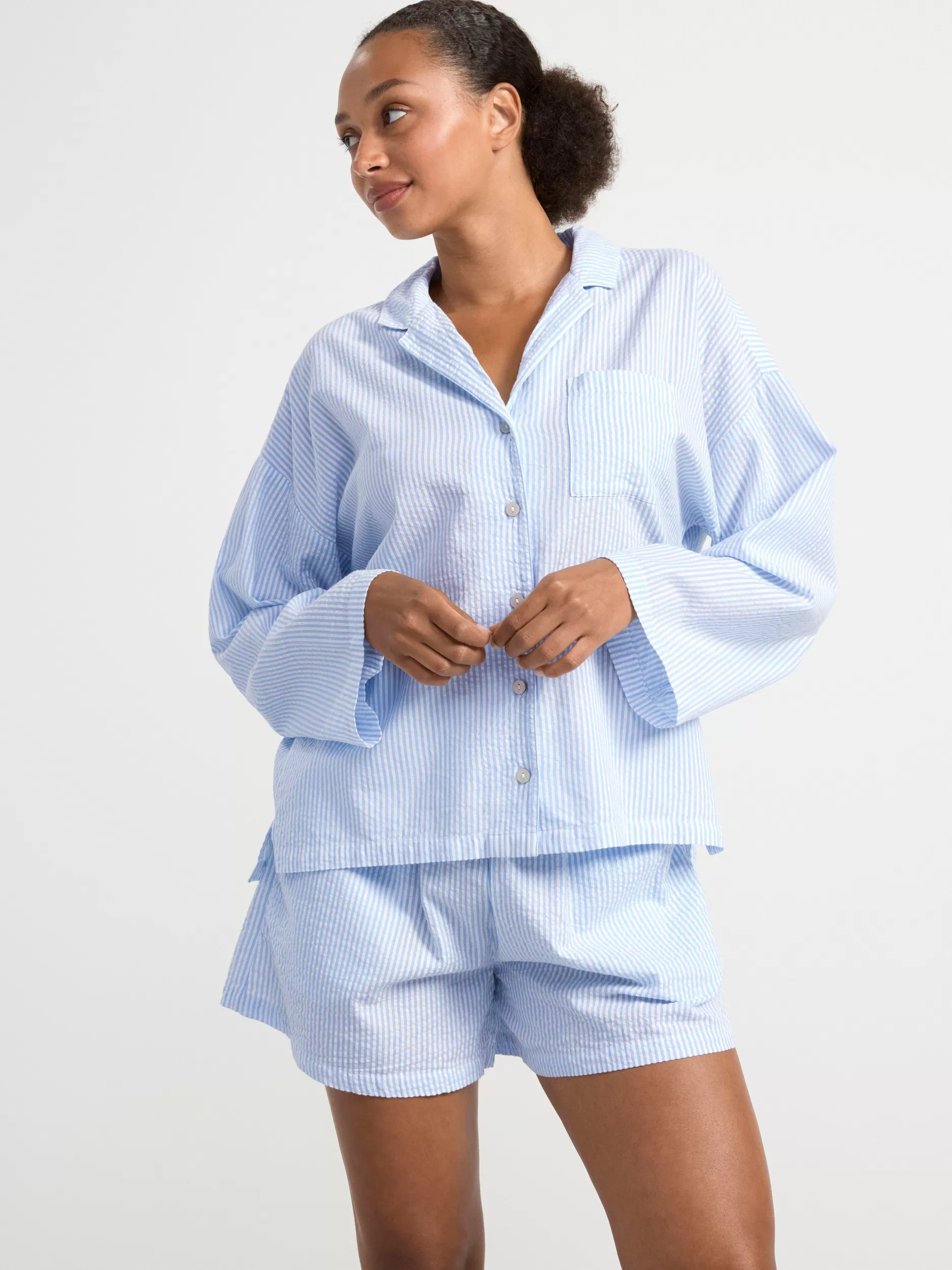 Lindex Nattøy<Pyjamassett Med Skjørte Og Shorts I Seersucker-Bomull Blue