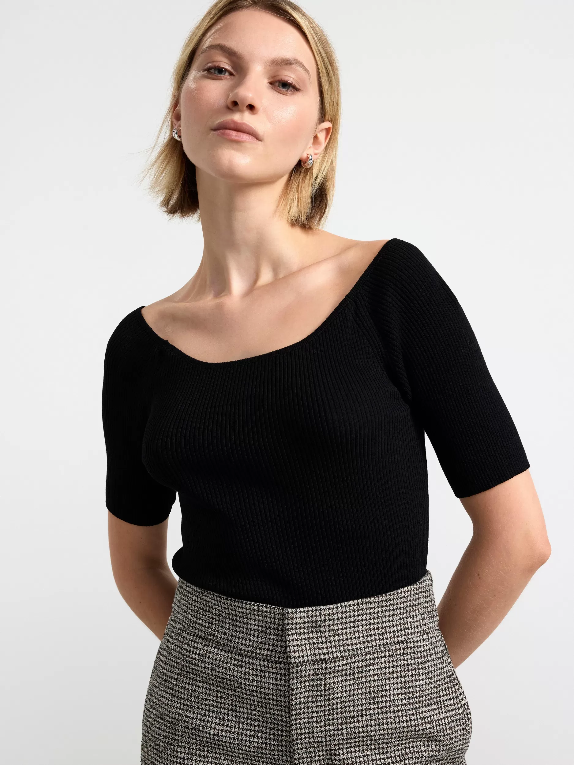 Lindex Topper & T-Skjorter<Ribbestrikket, Kortermet Overdel Black