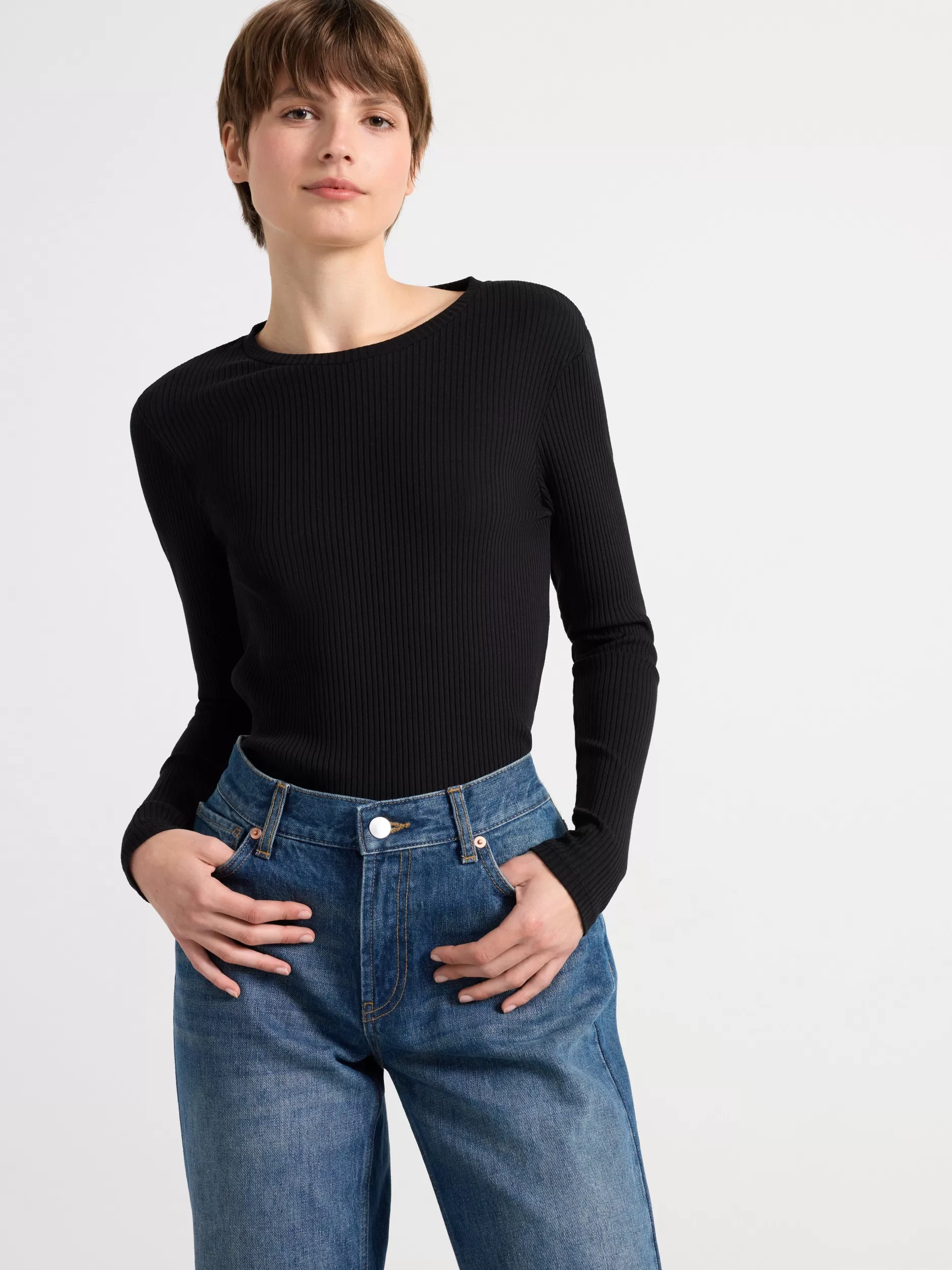 Lindex Topper & T-Skjorter<Ribbestrikket, Langermet Overdel Black