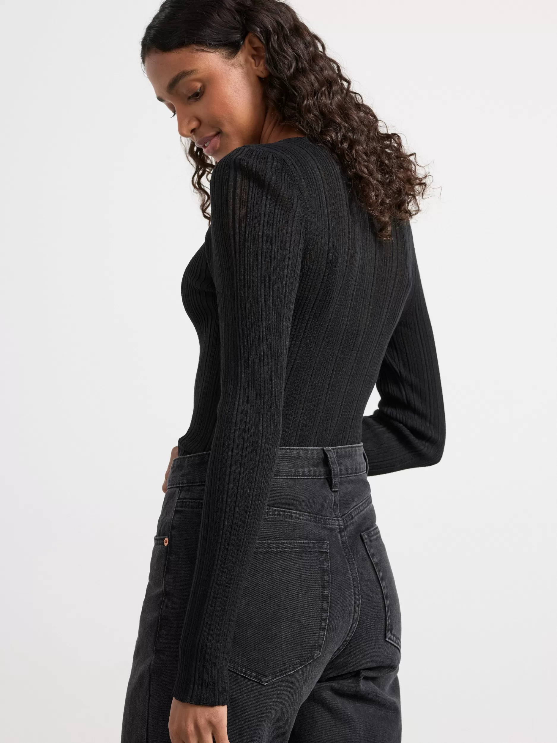 Lindex Gensere & Cardiganer<Ribbestrikket, Langermet Overdel Black