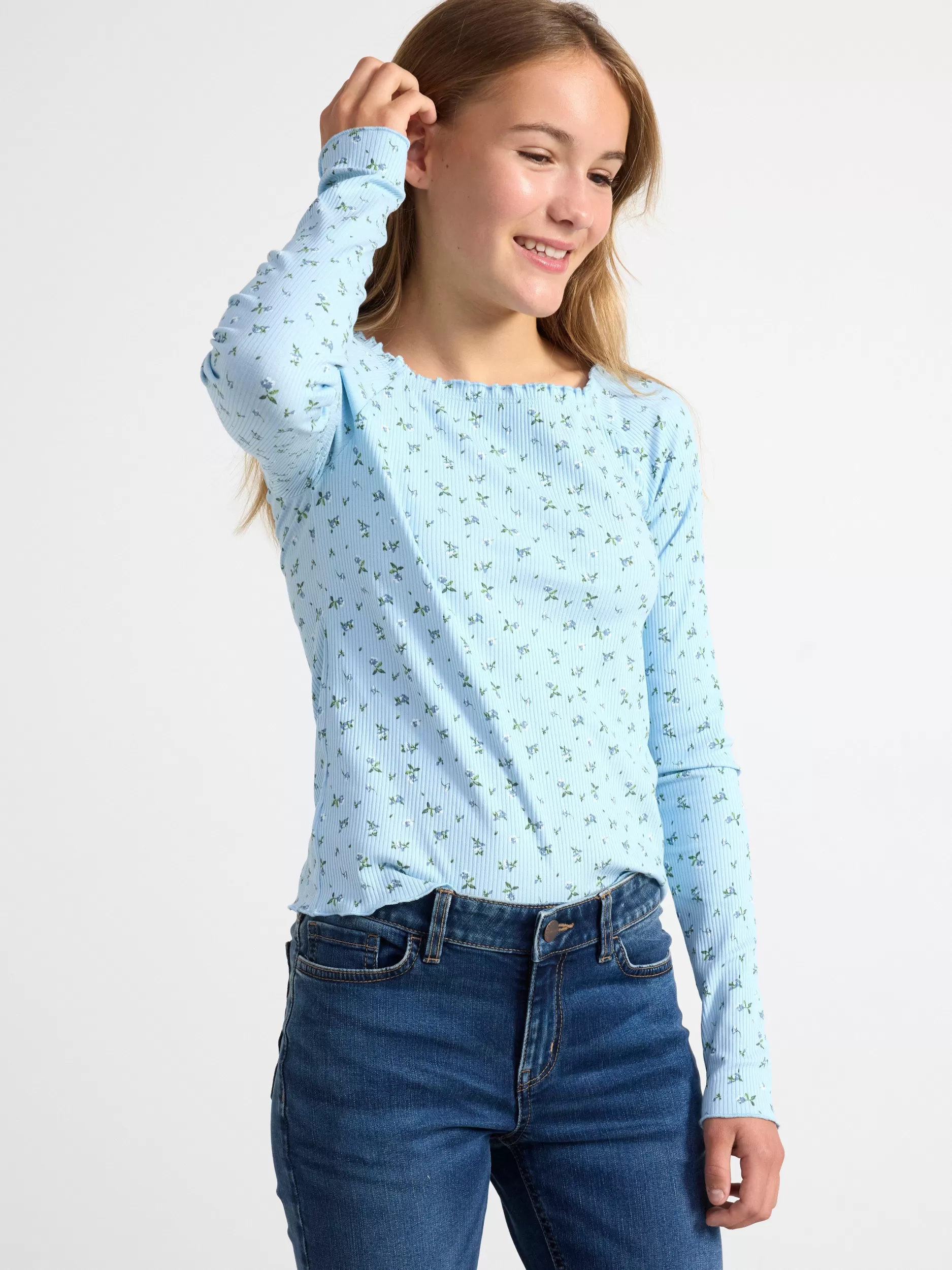 Lindex Topper & T-Skjorter<Ribbestrikket, Langermet Overdel Med Blomster Light Blue