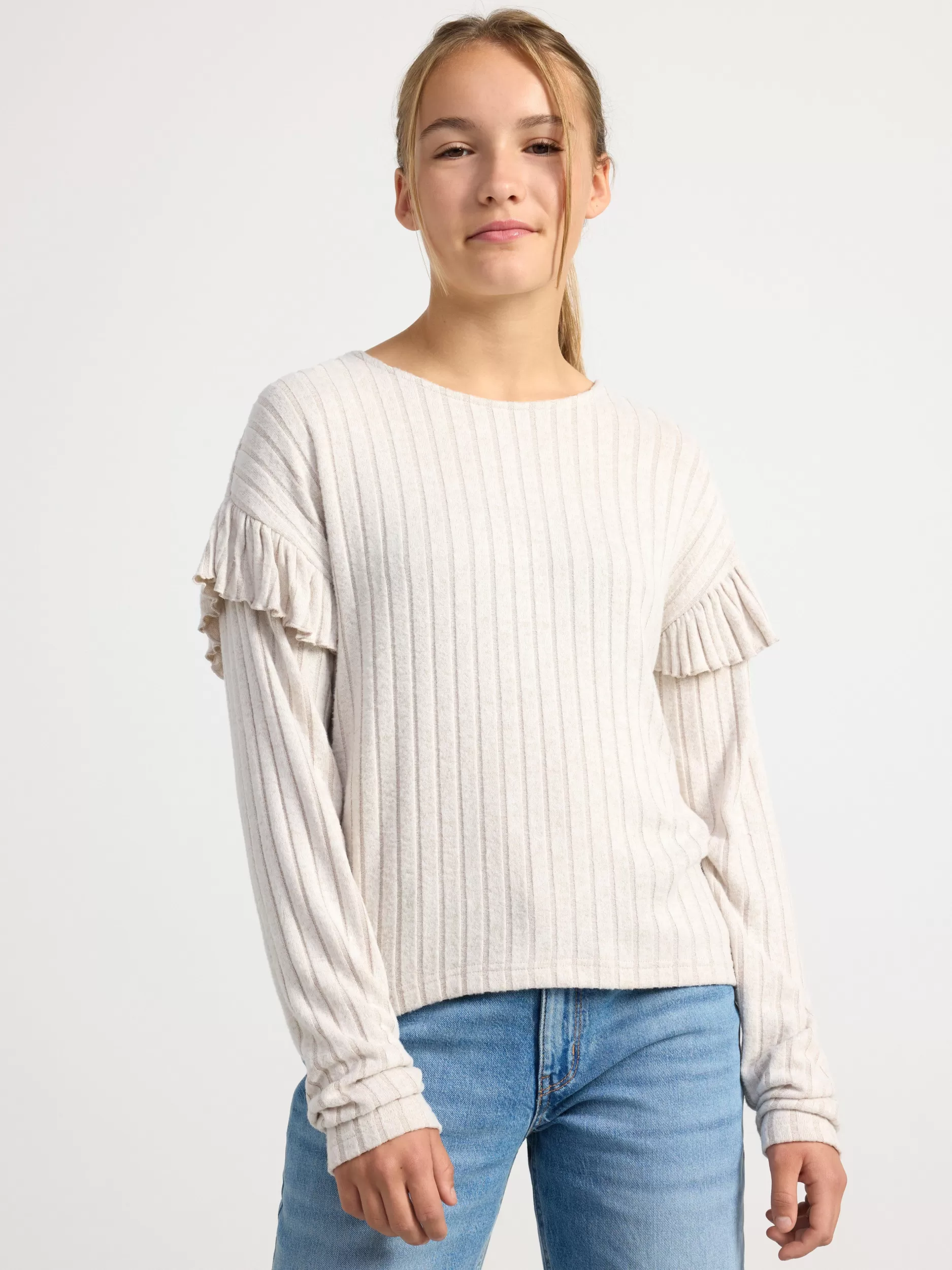 Lindex Topper & T-Skjorter<Ribbestrikket, Langermet Overdel Med Rysjer Light Beige Melange
