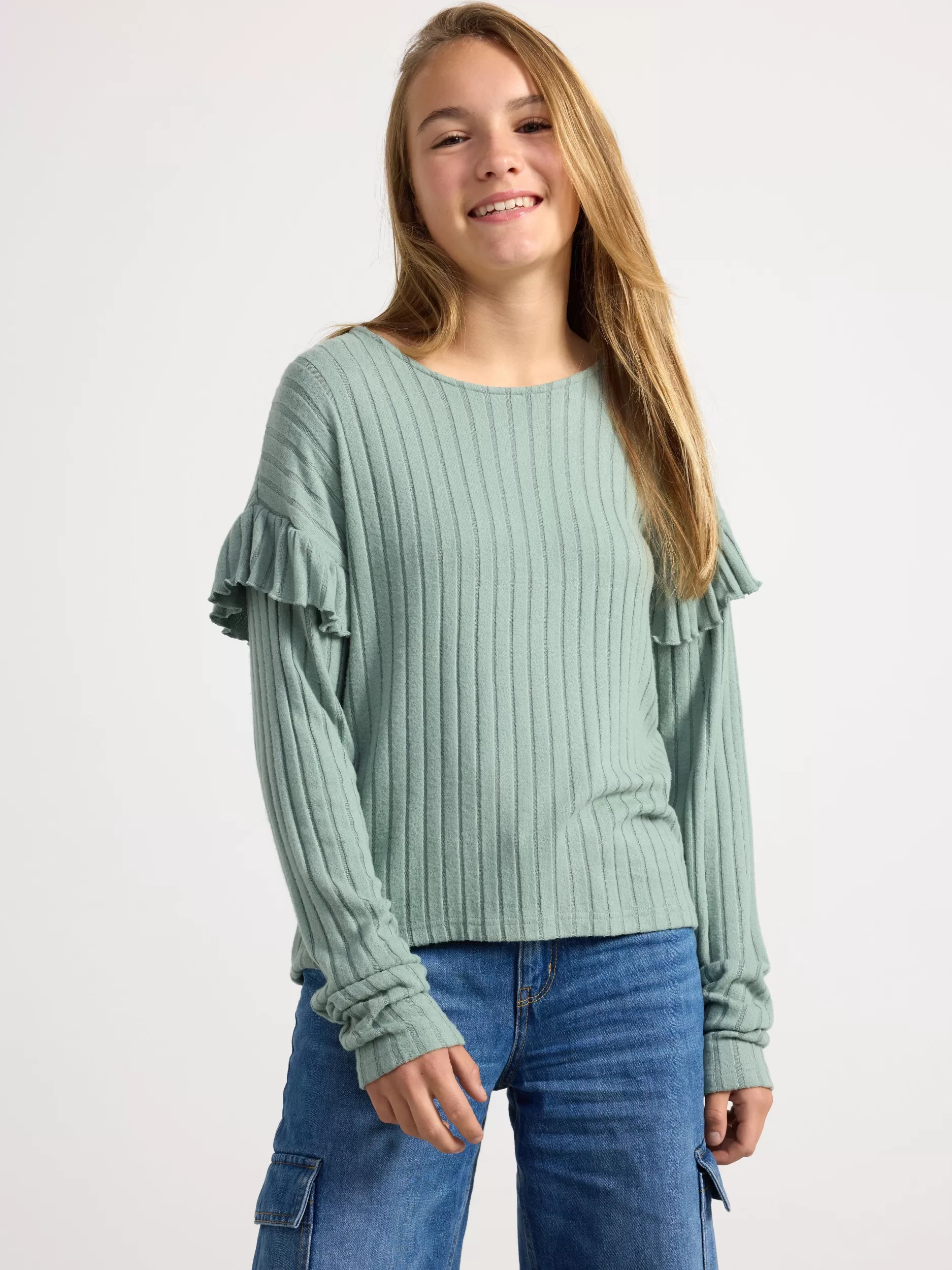 Lindex Topper & T-Skjorter<Ribbestrikket, Langermet Overdel Med Rysjer Light Dusty Green