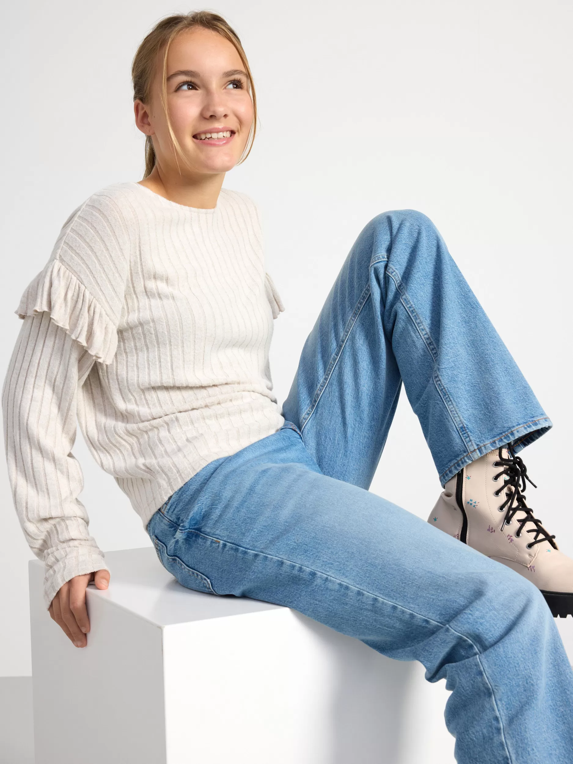 Lindex Topper & T-Skjorter<Ribbestrikket, Langermet Overdel Med Rysjer Light Beige Melange
