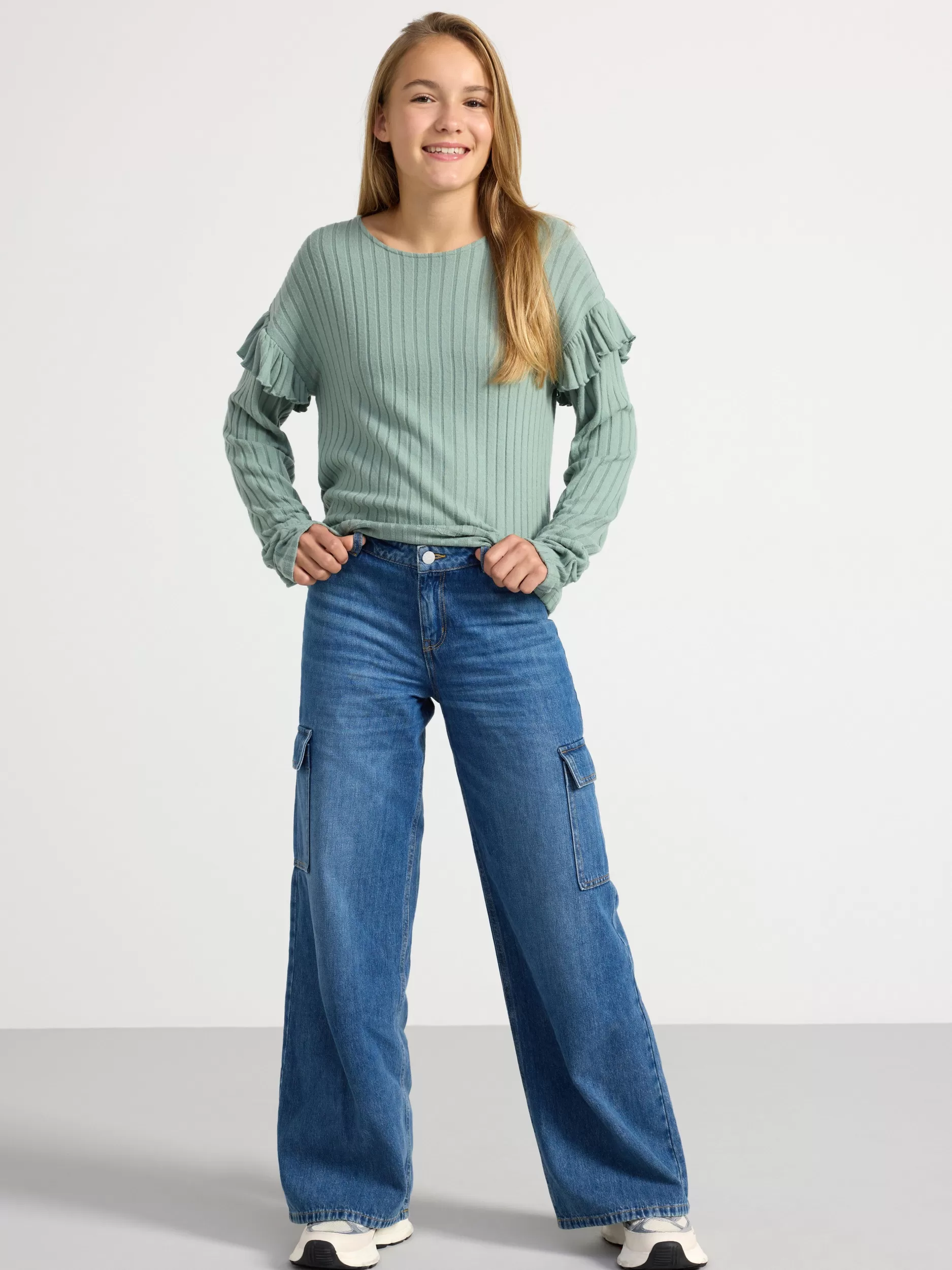Lindex Topper & T-Skjorter<Ribbestrikket, Langermet Overdel Med Rysjer Light Dusty Green