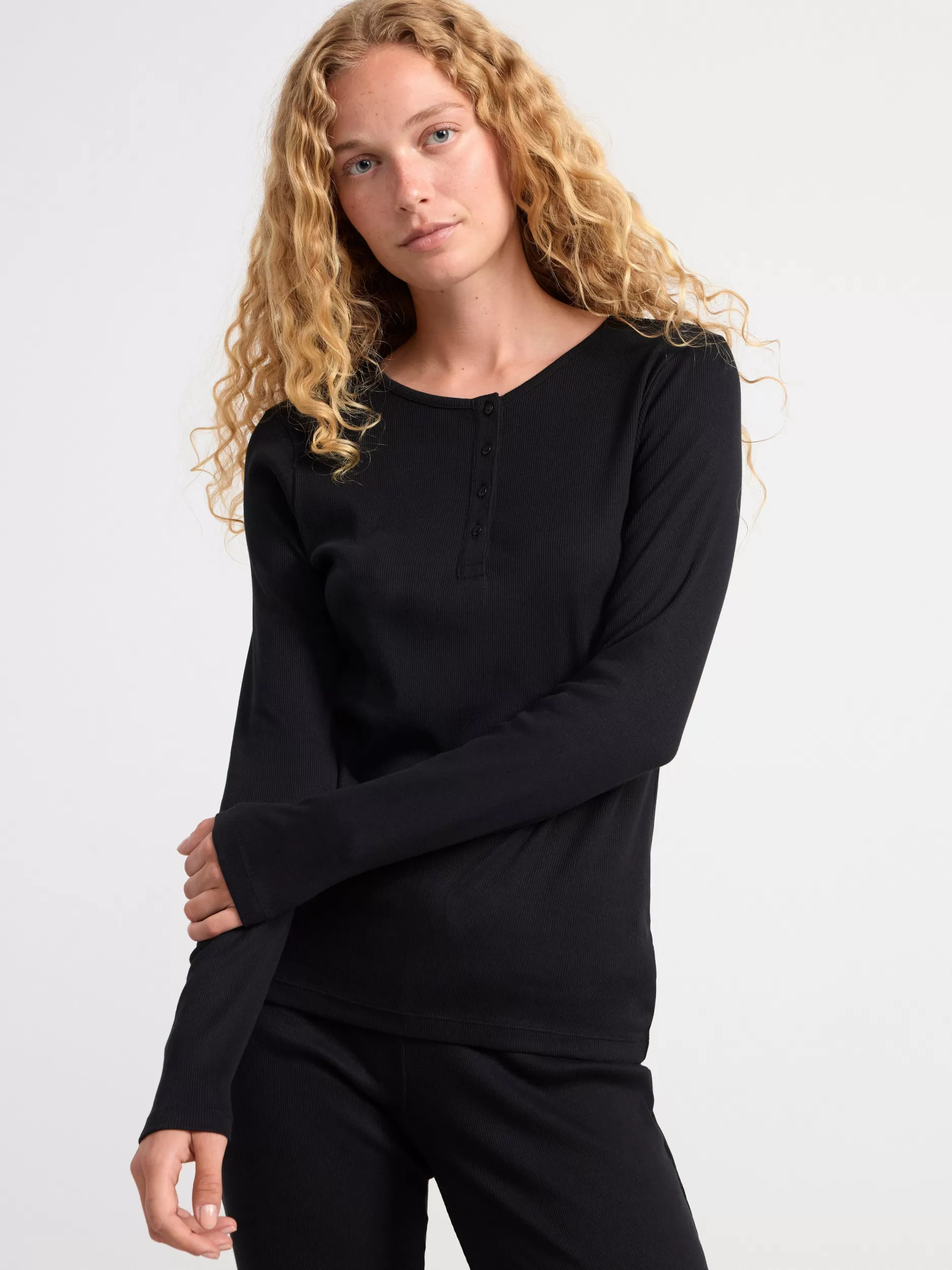 Lindex Nattøy<Ribbestrikket, Langermet Pyjamasoverdel Black
