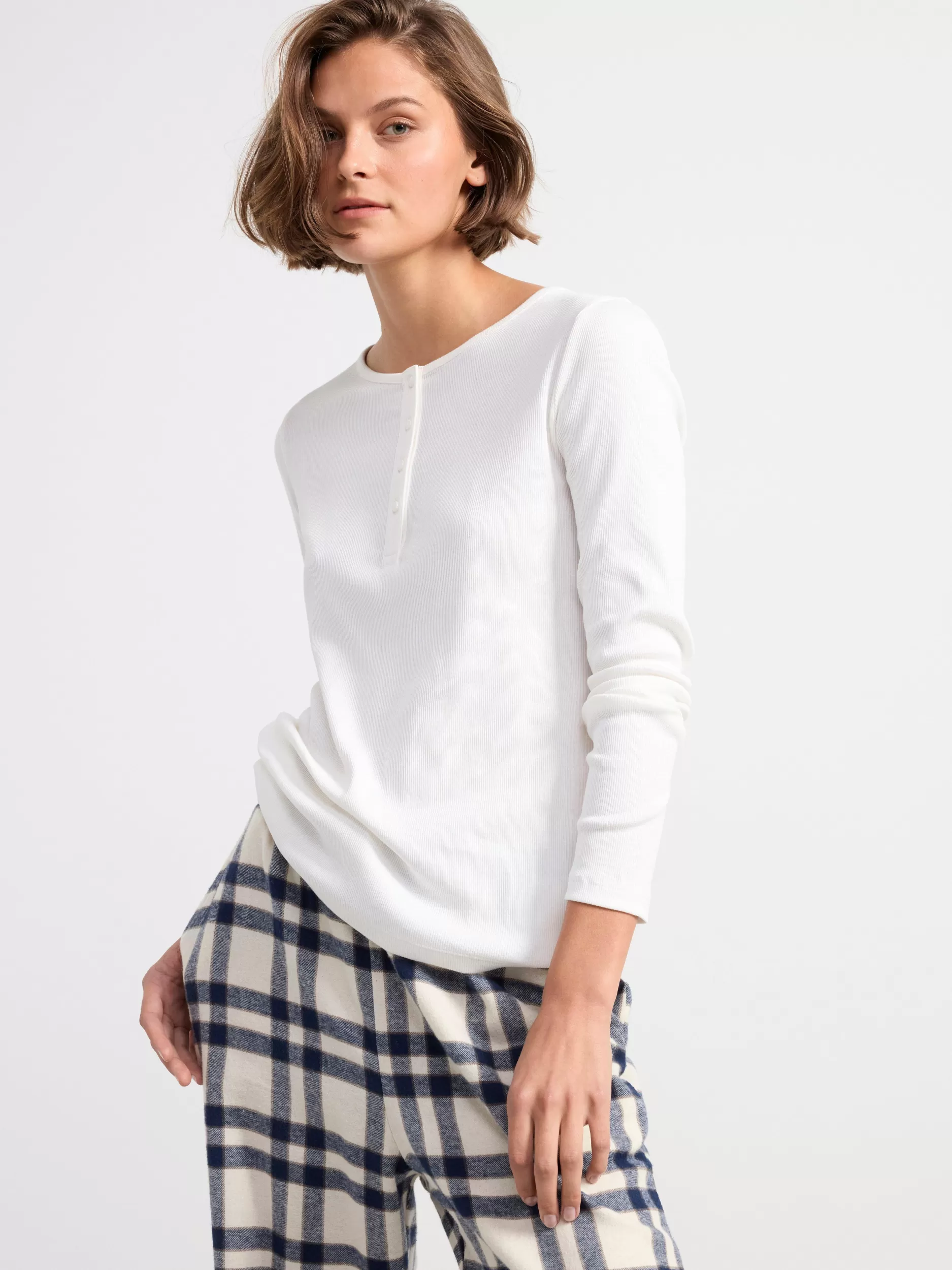 Lindex Nattøy<Ribbestrikket, Langermet Pyjamasoverdel Off White