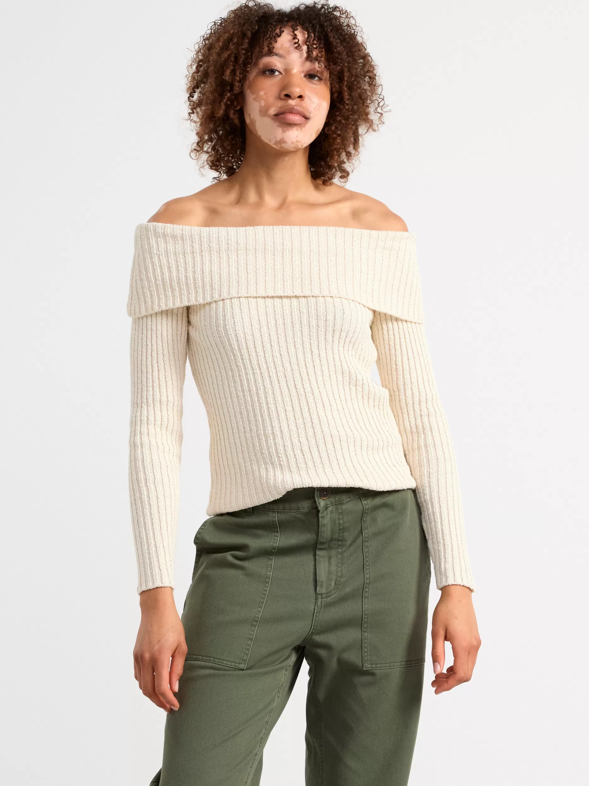 Lindex Gensere & Cardiganer<Ribbestrikket Off-Shoulder Overdel White