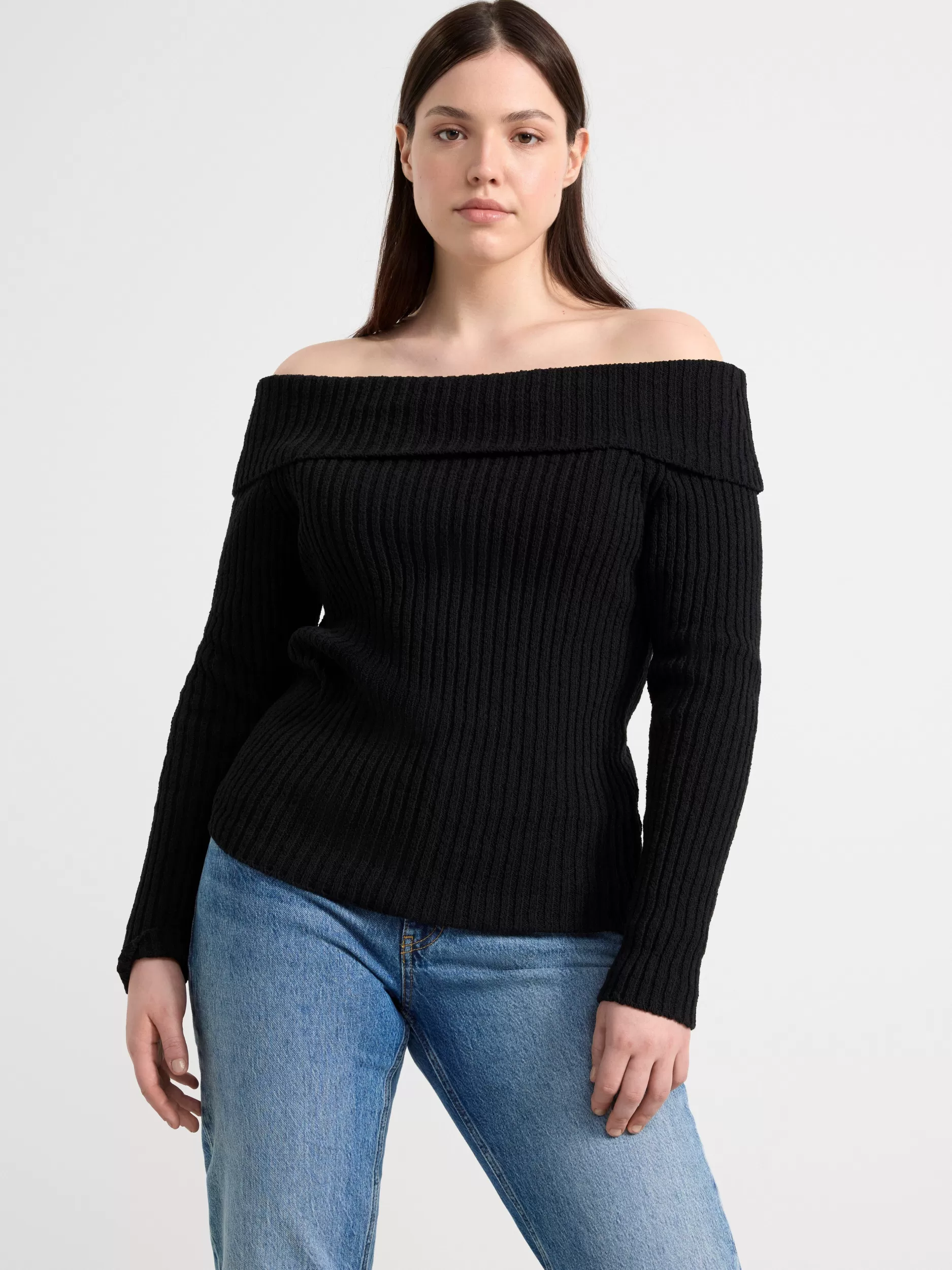 Lindex Gensere & Cardiganer<Ribbestrikket Off-Shoulder Overdel Black