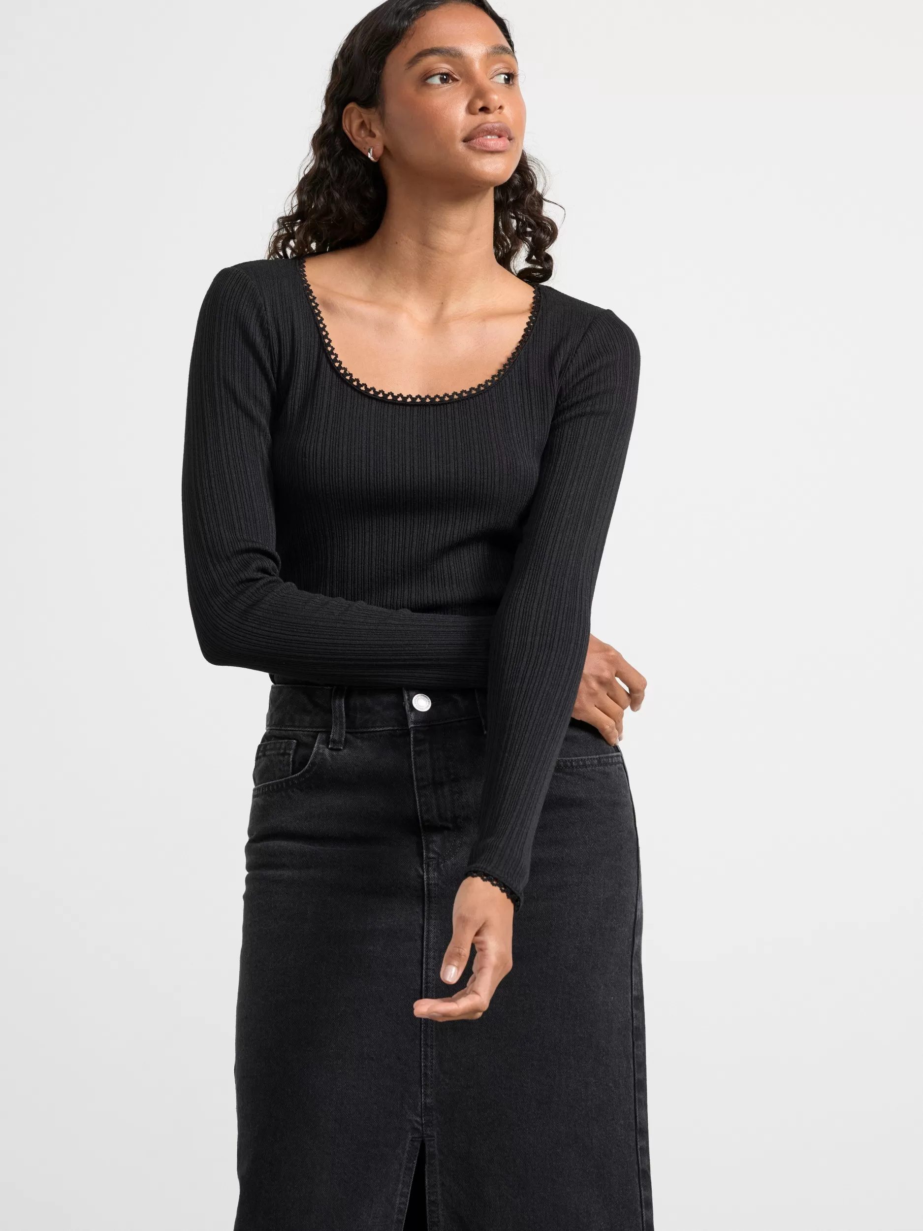 Lindex Topper & T-Skjorter<Ribbestrikket Og Langermet Overdel Black