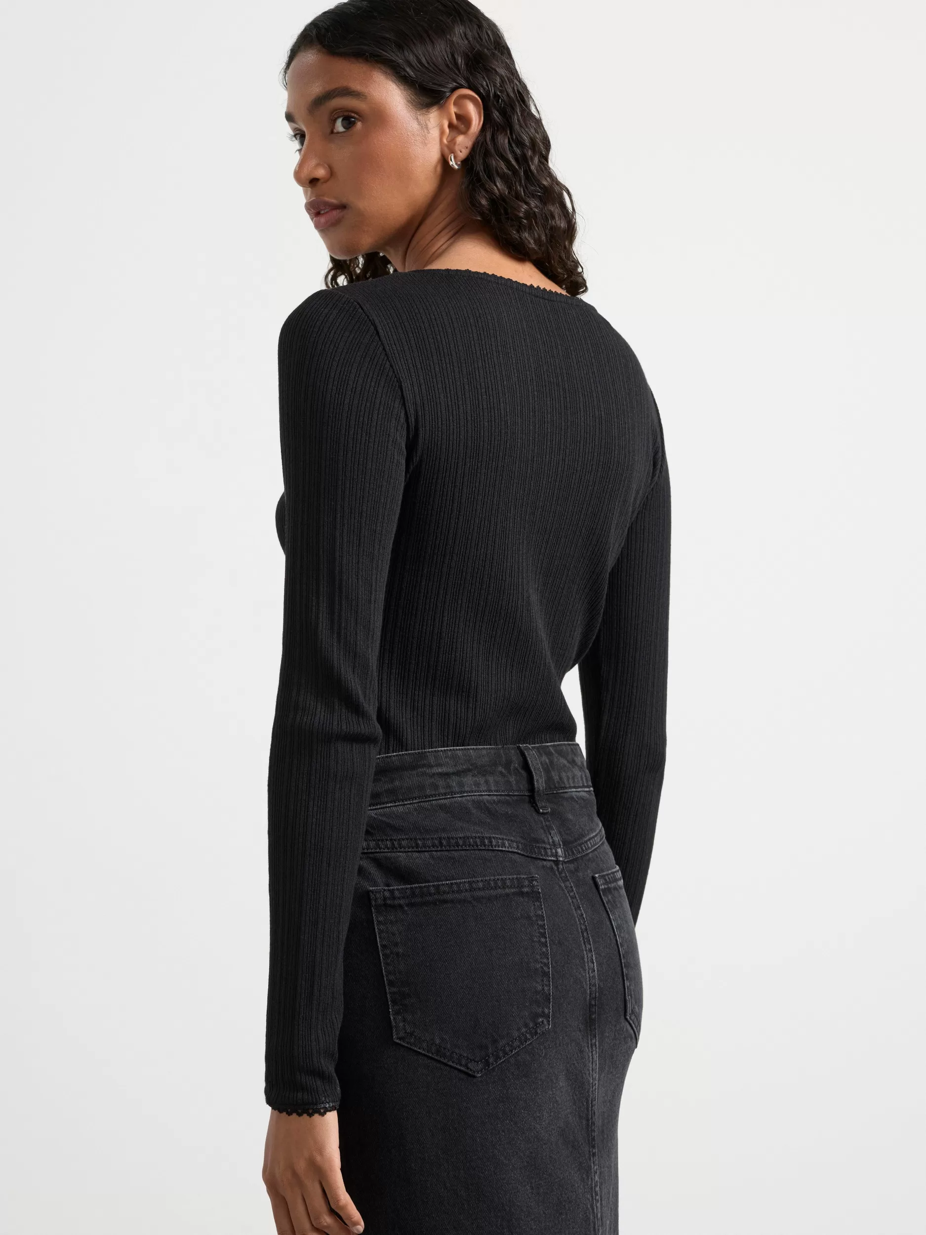 Lindex Topper & T-Skjorter<Ribbestrikket Og Langermet Overdel Black