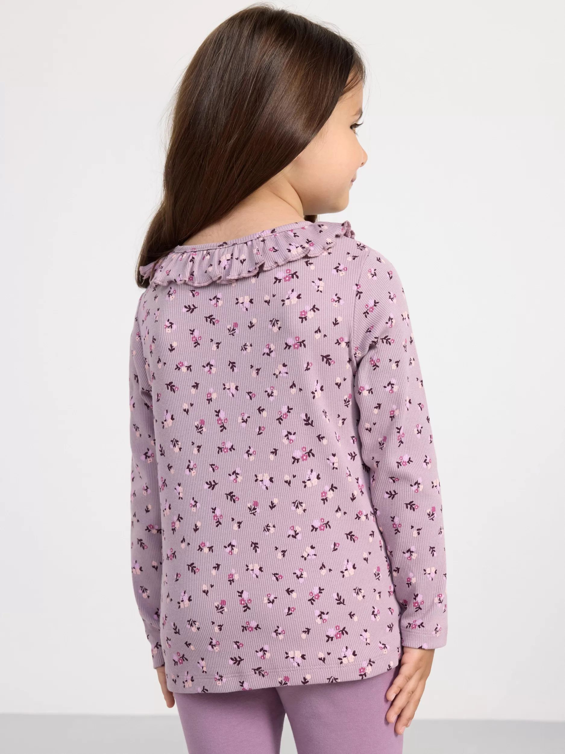 Lindex Topper & T-Skjorter<Ribbestrikket Overdel Med Blomster Og Rysjehals Light Dusty Lilac