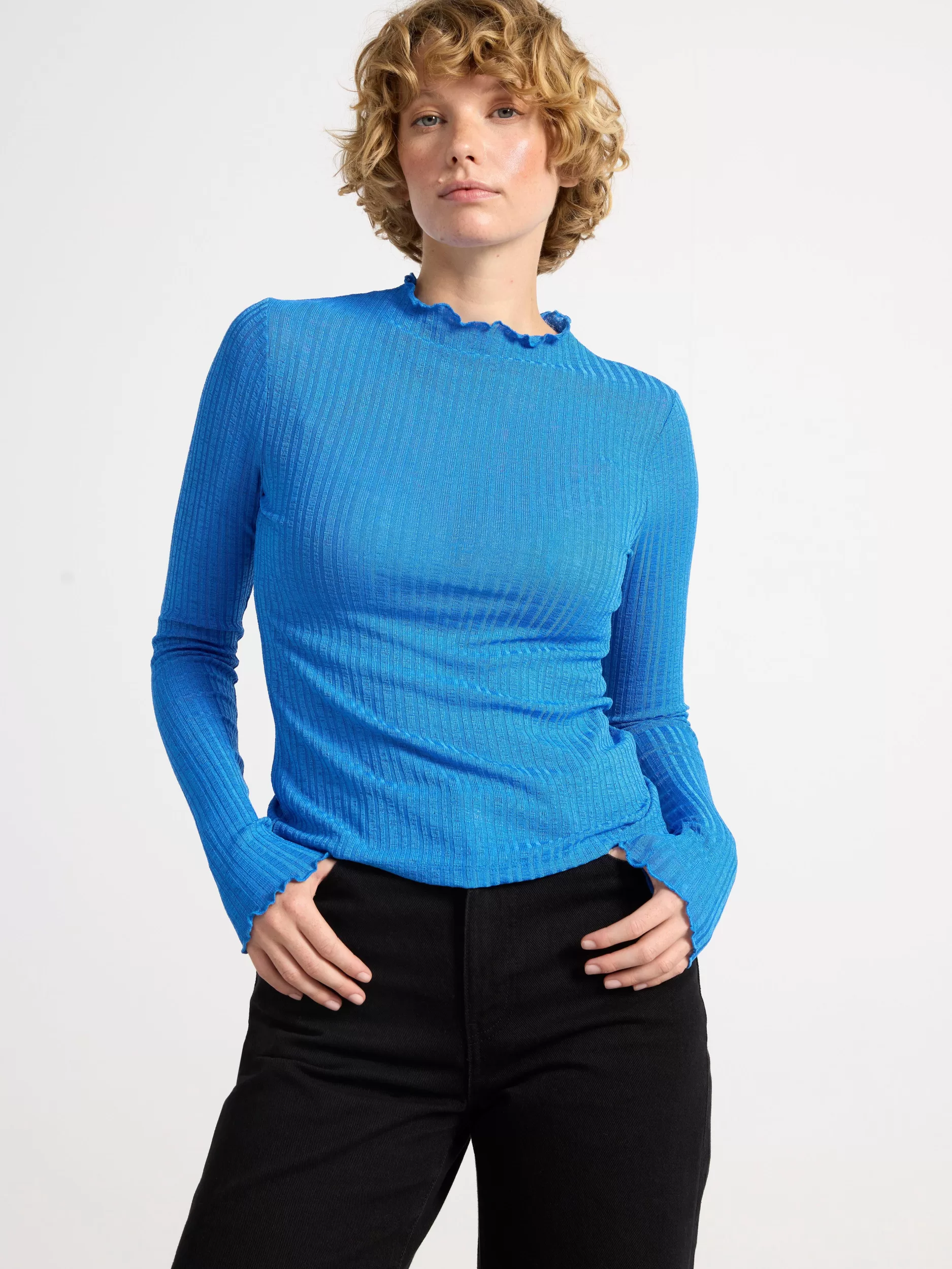 Lindex Topper & T-Skjorter<Ribbestrikket Overdel Med Rysjer Light Blue