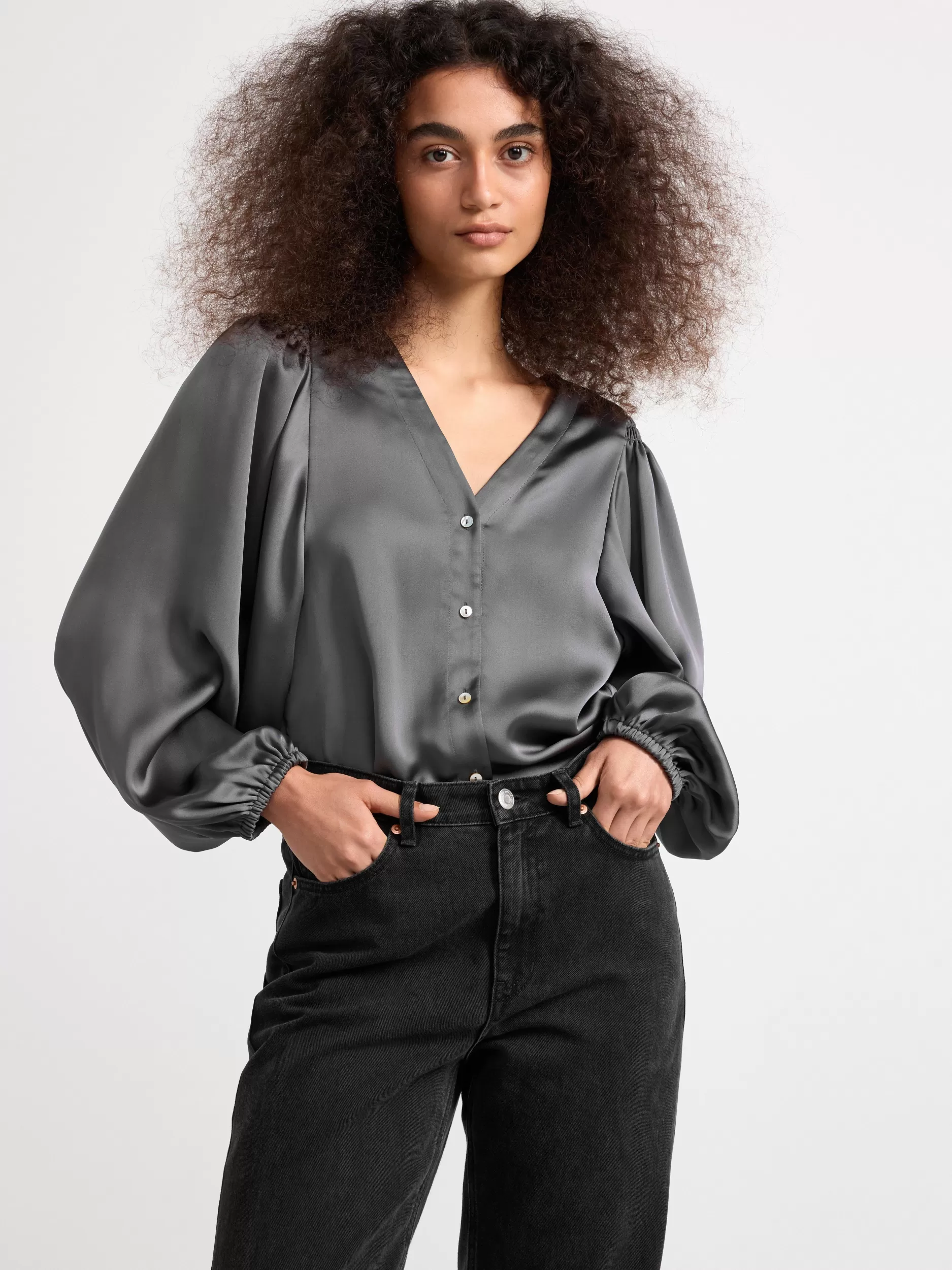 Lindex Bluser & Skjorter<Satengbluse Med Lange Puffermer Grey