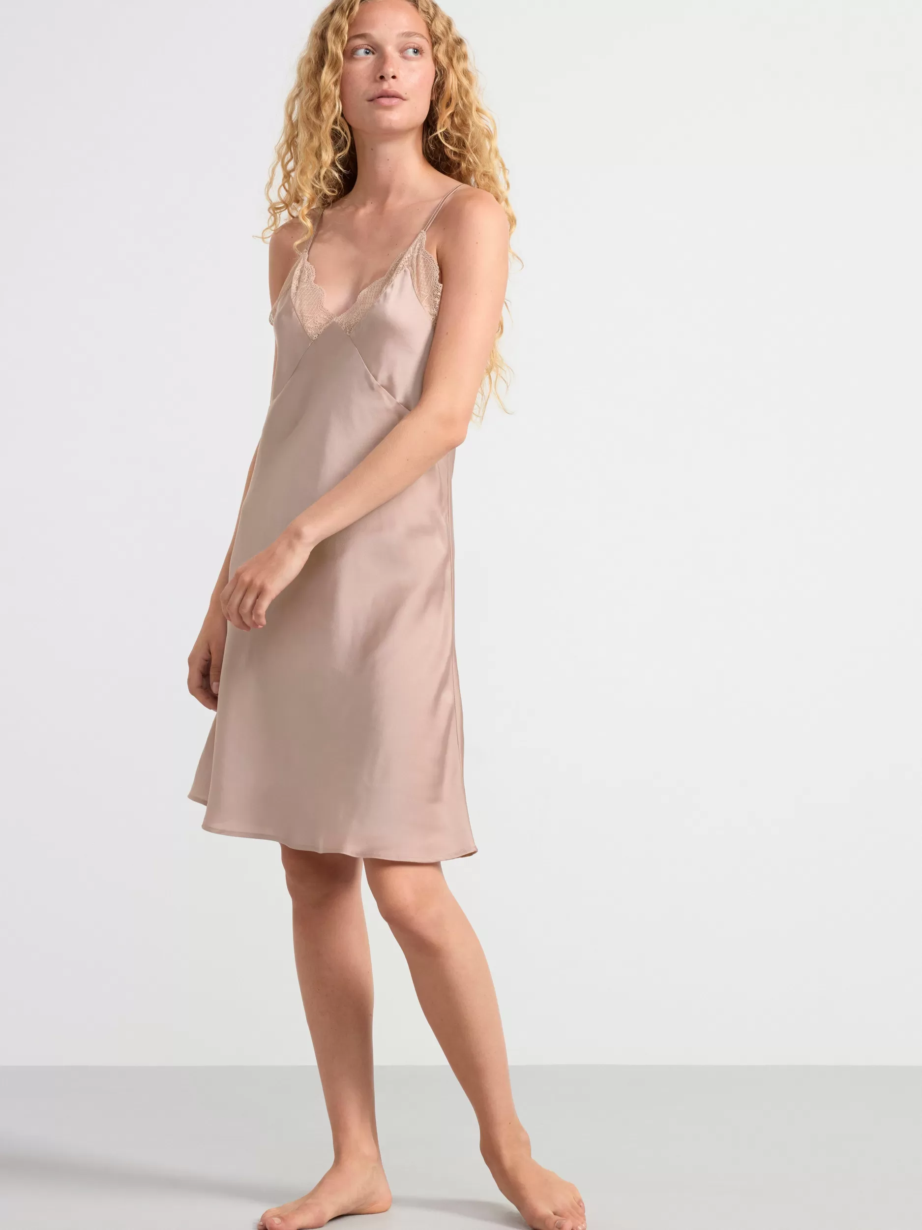Lindex Nattøy<Satengnattkjole Med Blonder Light Dusty Pink