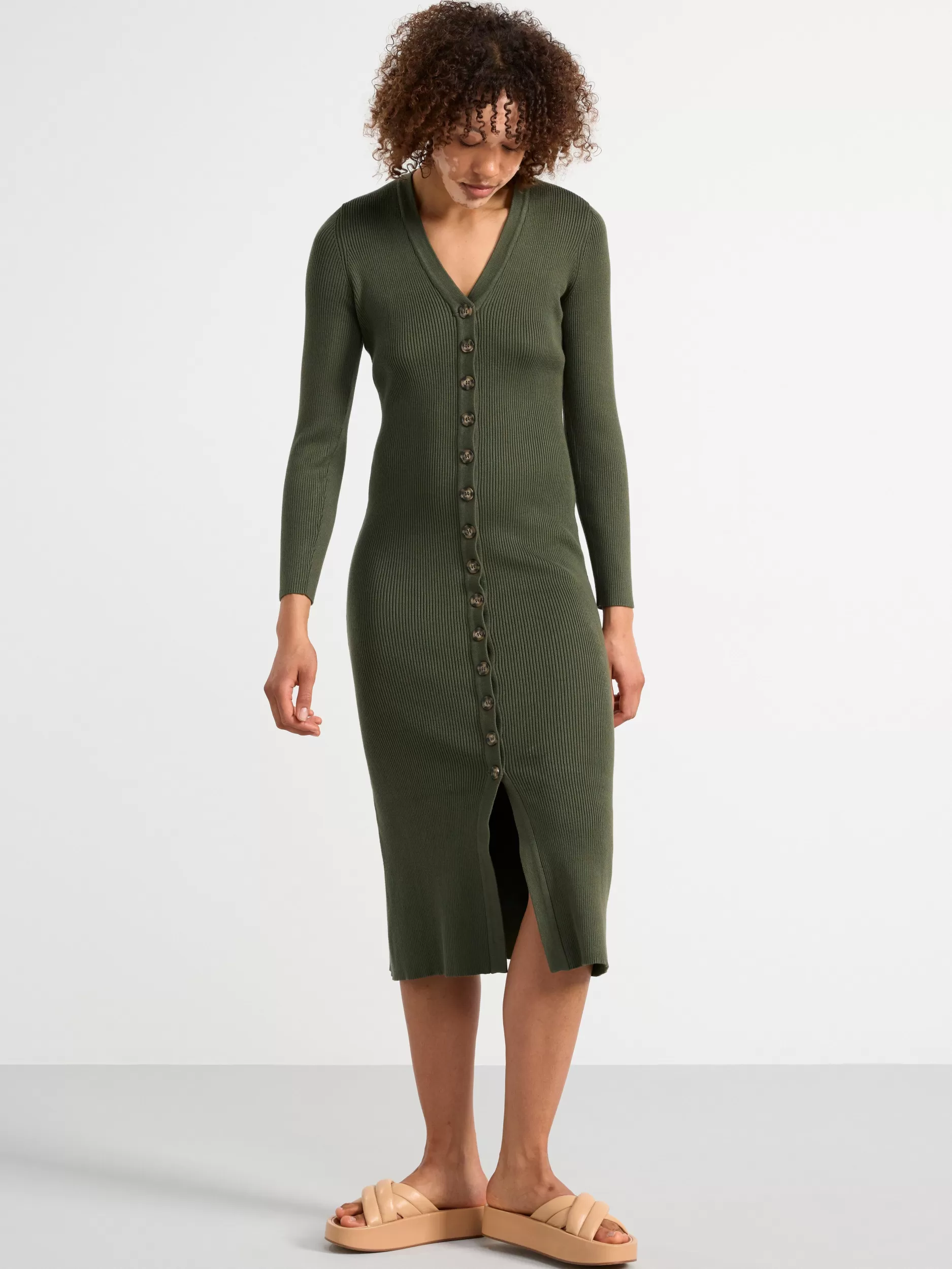 Lindex Kjoler<Strikket Midikjole Med Knapper Dark Khaki
