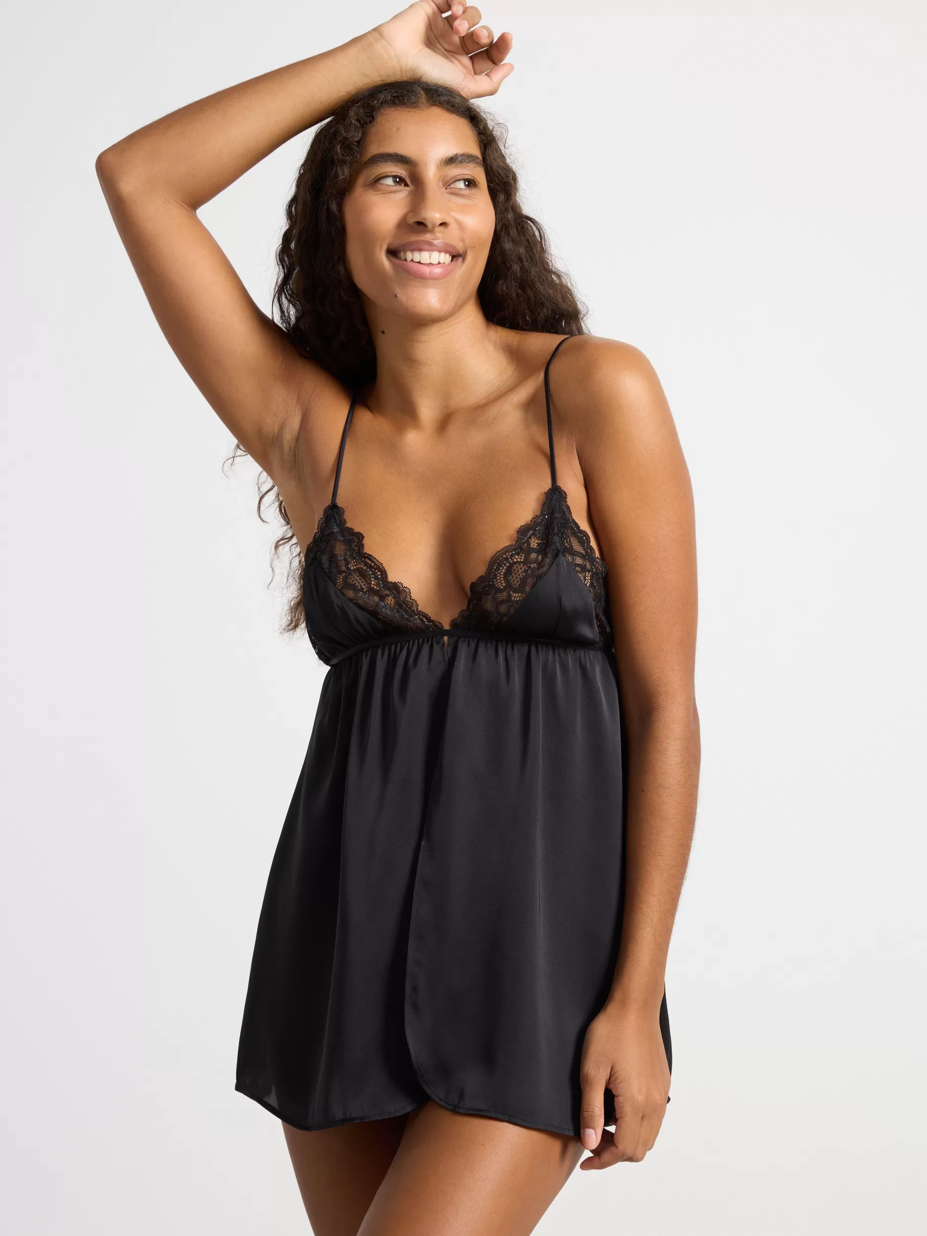 Lindex Nattøy<Stroppekjole I Sateng Med Blonder Black